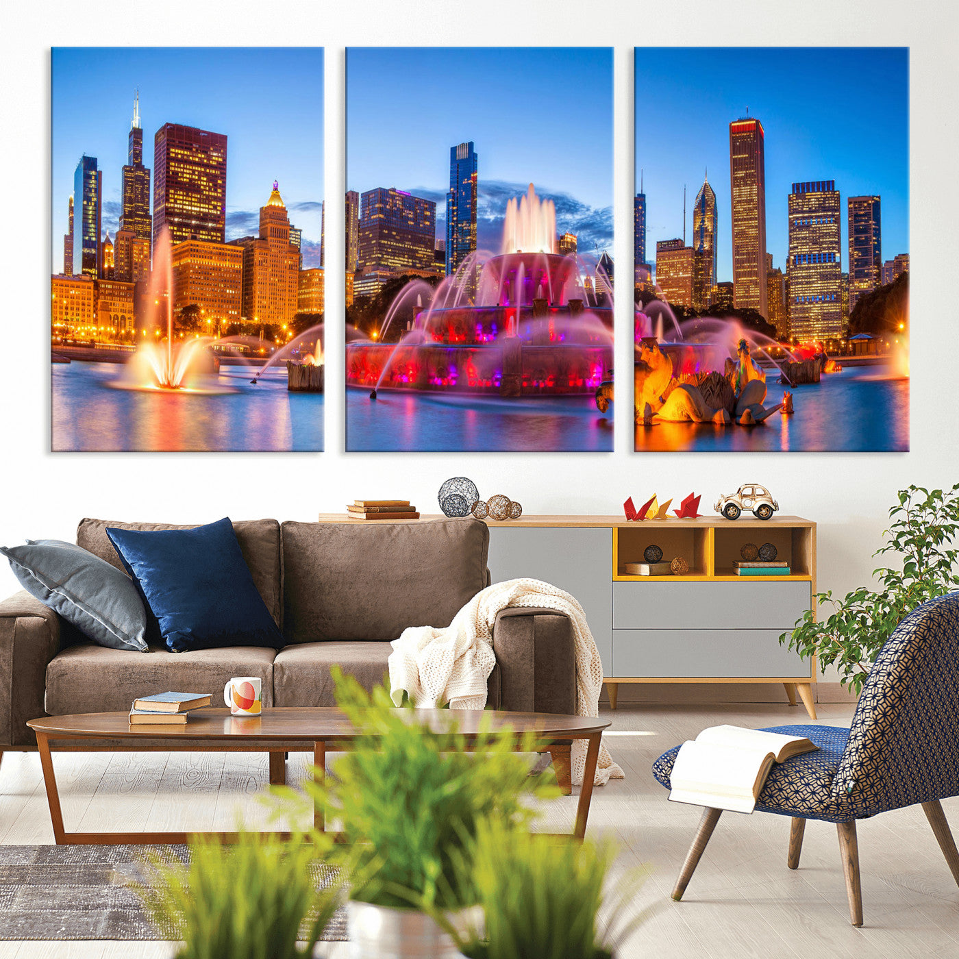 20251989-MGV-CV-36X24 - Chicago Wall Art Canvas Print, Chicago City Downtown Night Cityscape Print for Modern Urban Wall Decor