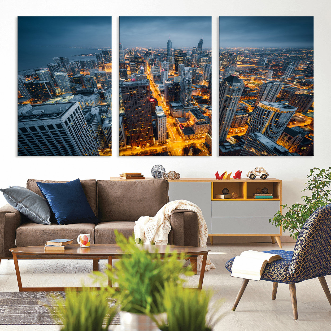 81742538-MGV-CV-36X24 - Chicago Wall Art Canvas Print, Chicago City Downtown Night Cityscape Print for Modern Urban Wall Decor