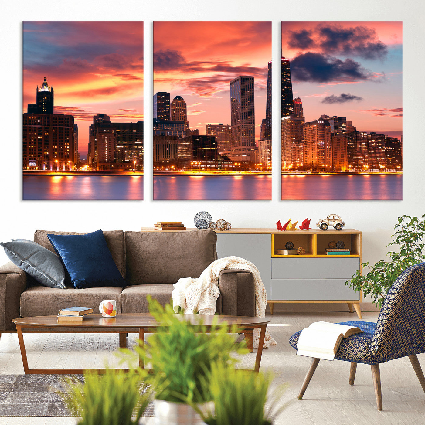 80390109-MGV-CV-36X24 - Chicago Wall Art Canvas Print, Chicago City Downtown Night Cityscape Print for Modern Urban Wall Decor