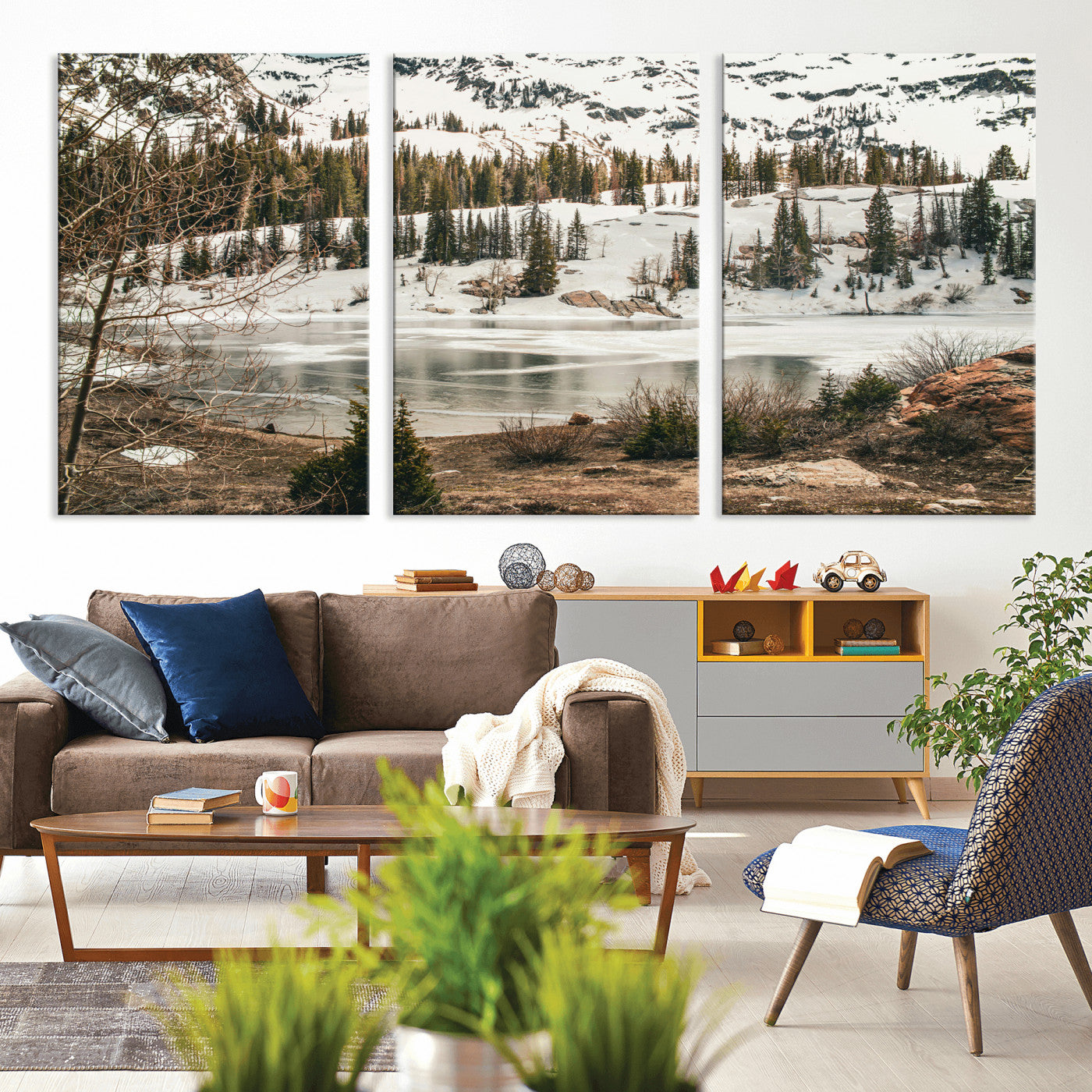 10336249-MGV-CV-36X24 - Snowy Mountain Landscape Wall Art Canvas Print, Alpine Pine Forest Winter Nature Wall Decor for Living Room and Office