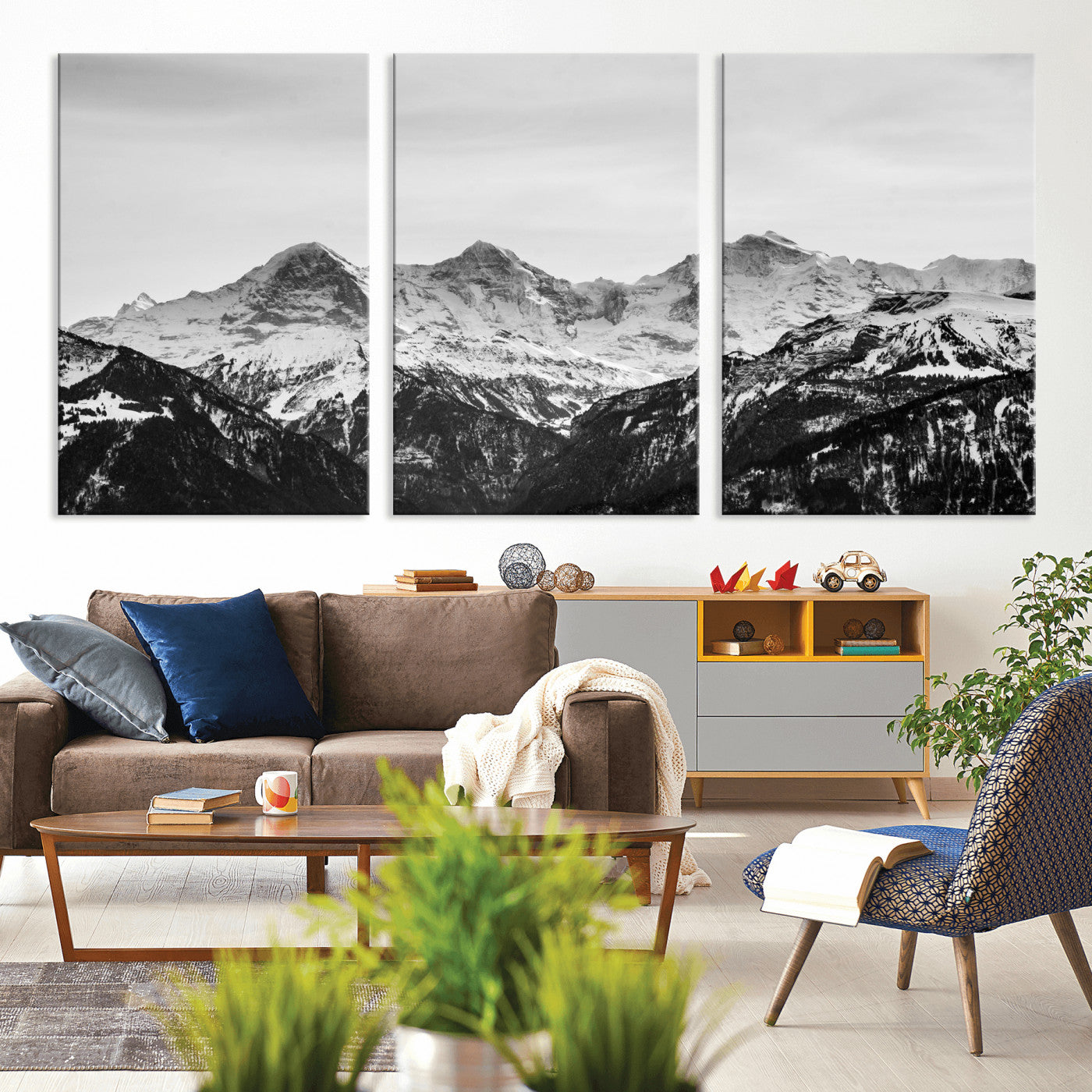 85684934-MGV-CV-36X24 - Black and White Mountain Wall Art Canvas Print, Snowy Alpine Peaks Landscape Photography, Minimal Monochrome Mountain Art, Scenic Nature Wall Decor