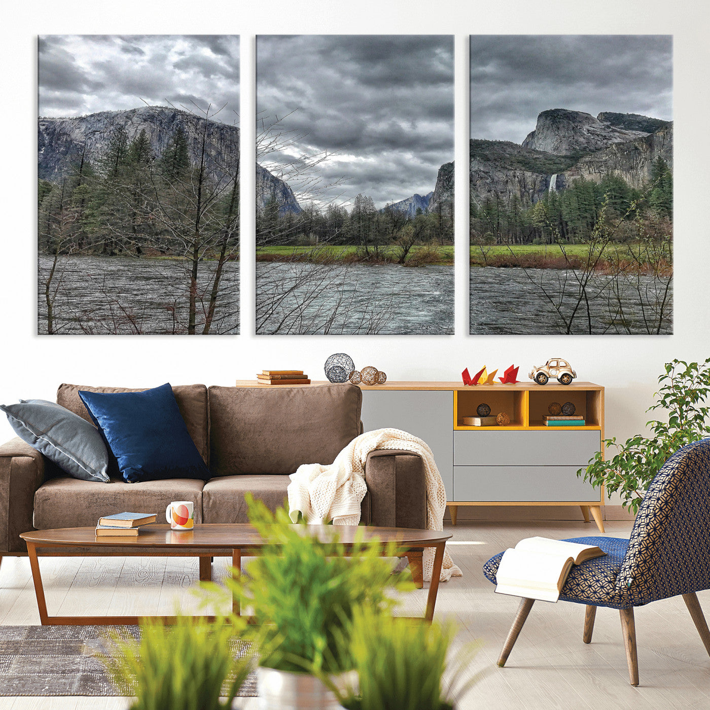 75582552-MGV-CV-36X24 - Yosemite Valley River Landscape Wall Art Canvas Print, Granite Cliffs Forest River Canvas Print, California National Park Moody Scenic Art Printi