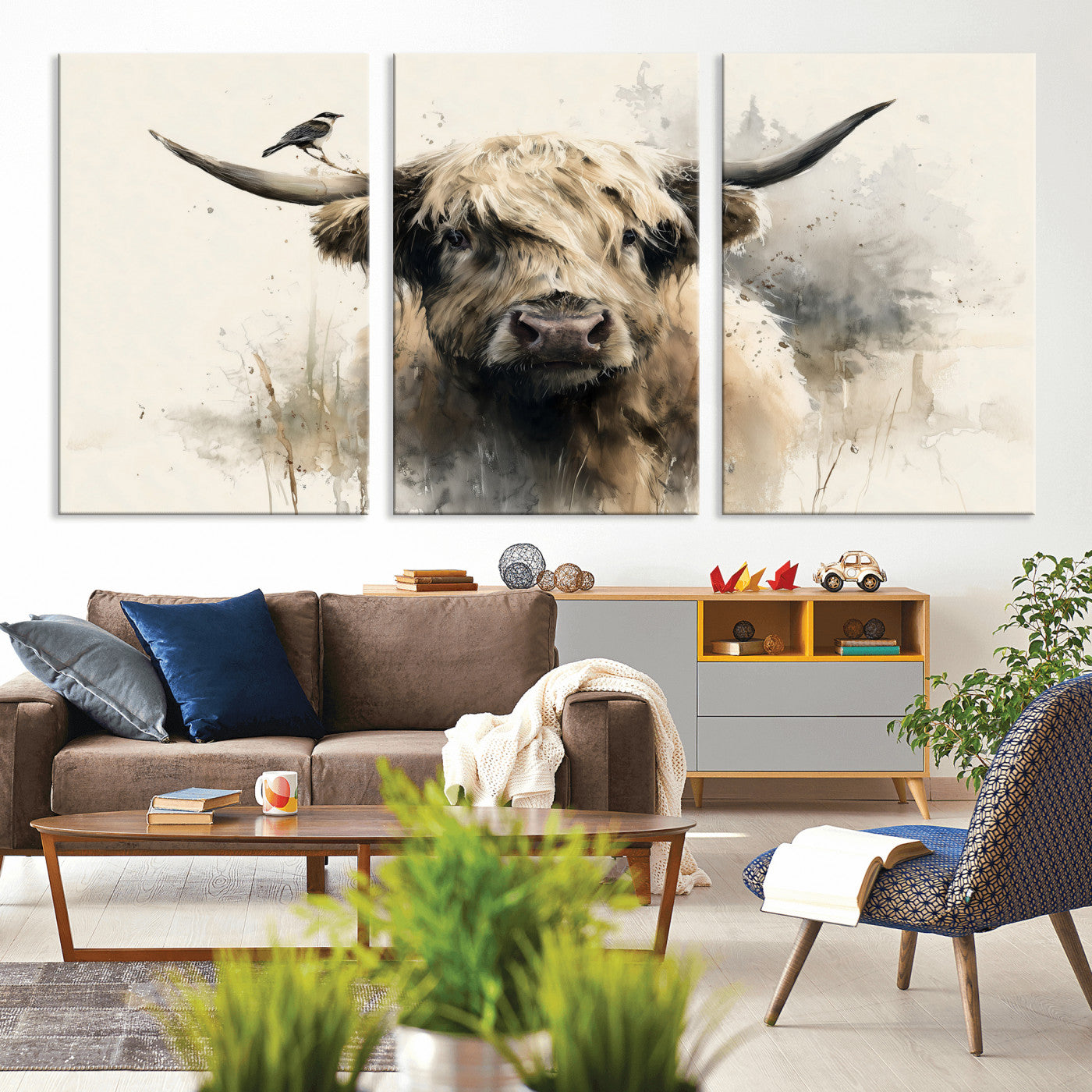 98249290-MGV-CV-36X24 - Abstract Highland Cow Watercolor Animal Wall Art Canvas Print, Rustic Farm Cattle Portrait Canvas Print, Neutral Wildlife Farmhouse Art Printing