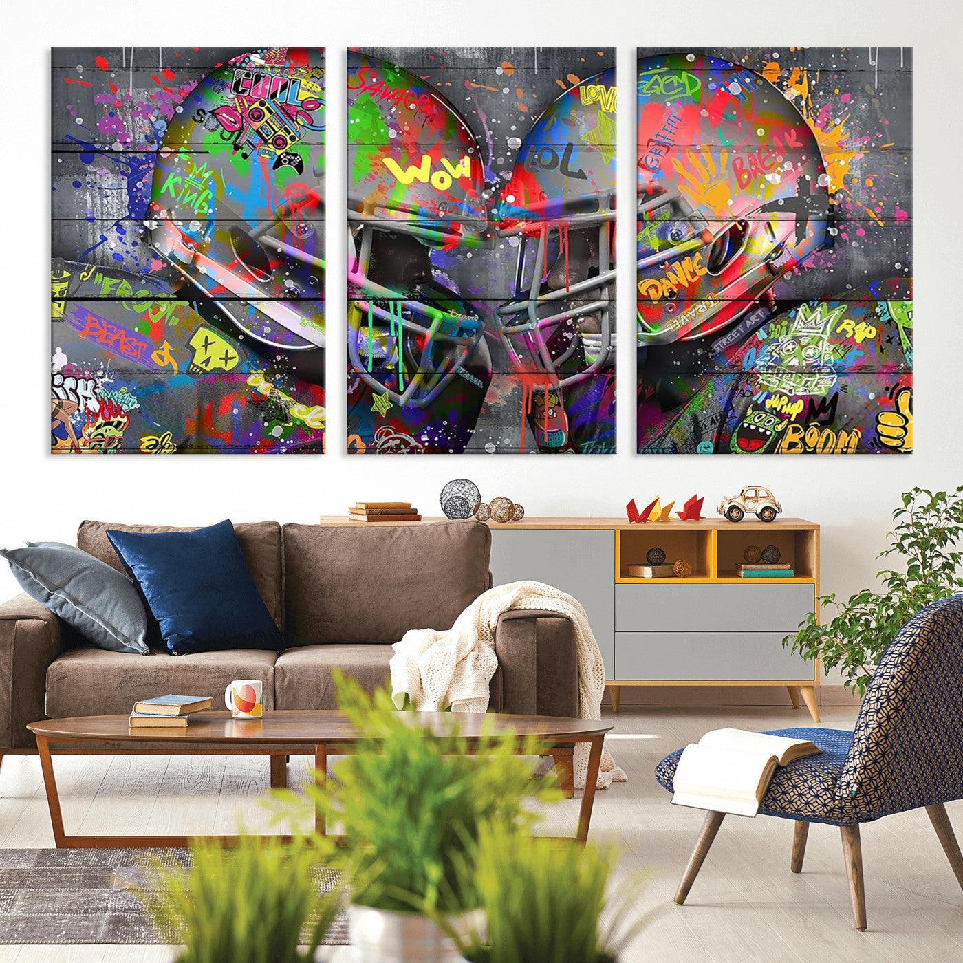 15309853-MGV-CV-36X24 - Graffiti Football Helmets Wall Art Canvas Print, Urban Street Art Sports Decor, Colorful American Football Graffiti Artwork