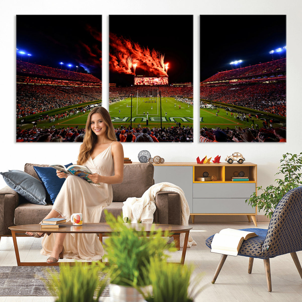 81918884-MGV-CV-36X24 - Auburn Stadium Wall Art Canvas Print, College Football Night Game Crowd, Jordan Hare Stadium Artwork