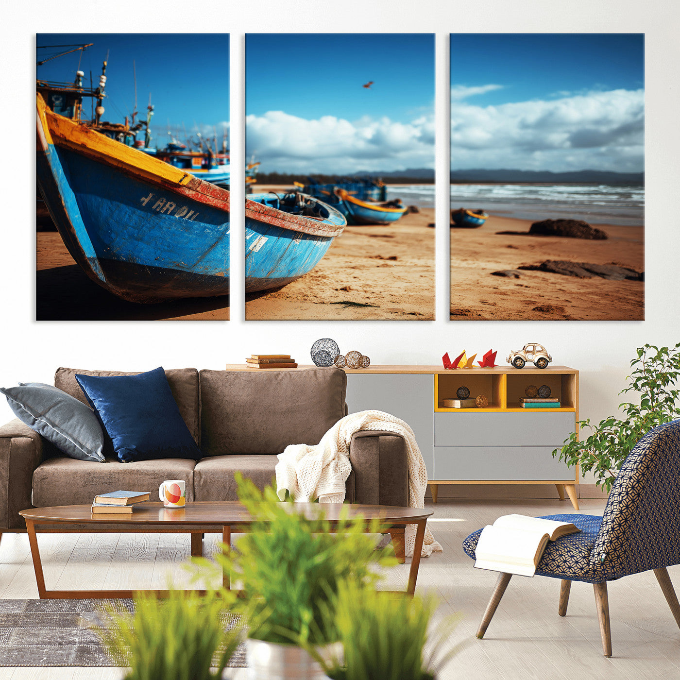 70925201-MGV-CV-36X24 - Fishing Boats Wall Art Canvas Print, Coastal Boat Beach Scene, Nautical Seaside Artwork, Ocean Shore Decor, Coastal Home Wall Art