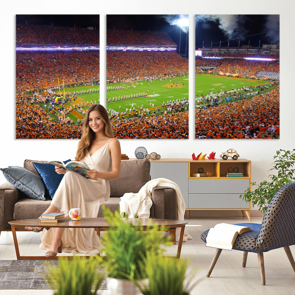 43662631-MGV-CV-36X24 - Clemson Football Stadium Wall Art Canvas Print, College Football Crowd Night Game Scene, Orange Stadium Panorama Wall Decor