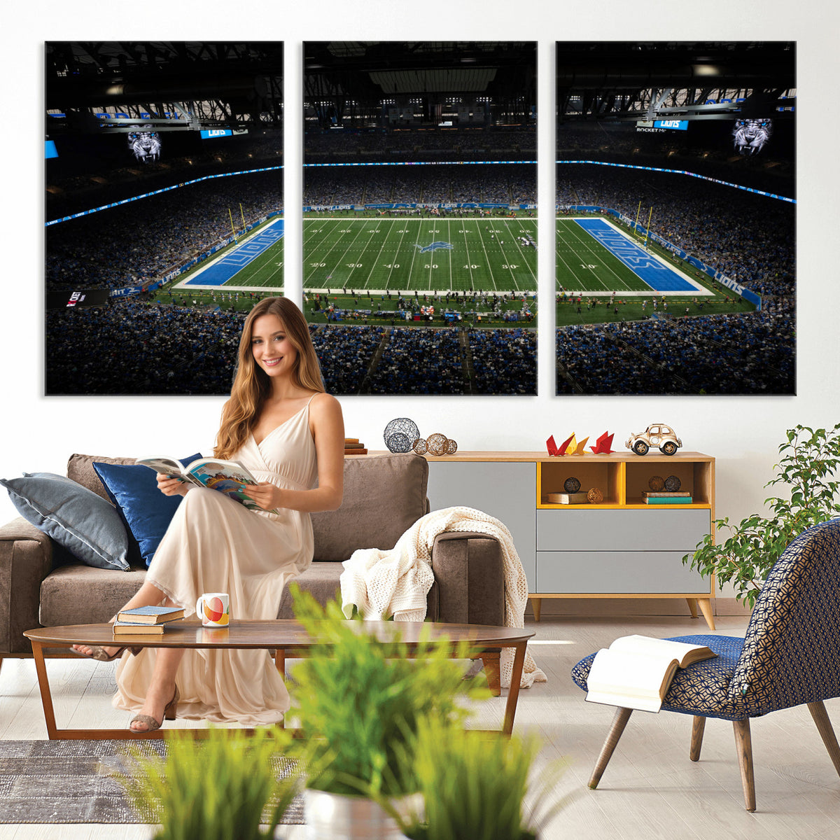 16709602-MGV-CV-36X24 - Detroit Lions Stadium Wall Art Canvas Print, Football Field Panorama