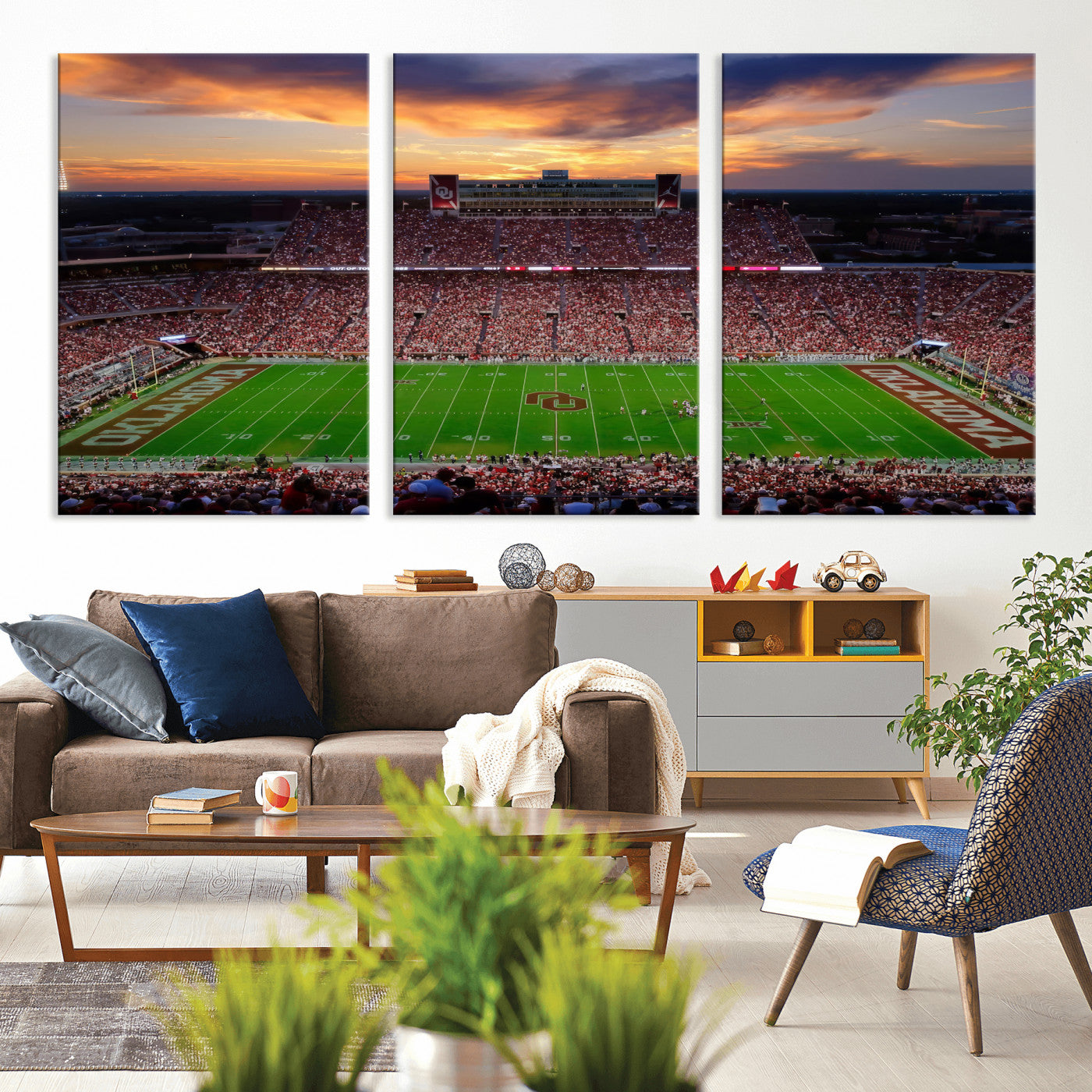 51457497-MGV-CV-36X24 - Oklahoma Sooners Stadium Wall Art Canvas Print, College Football Sunset Game Scene, OU Football Field Panorama Wall Decor