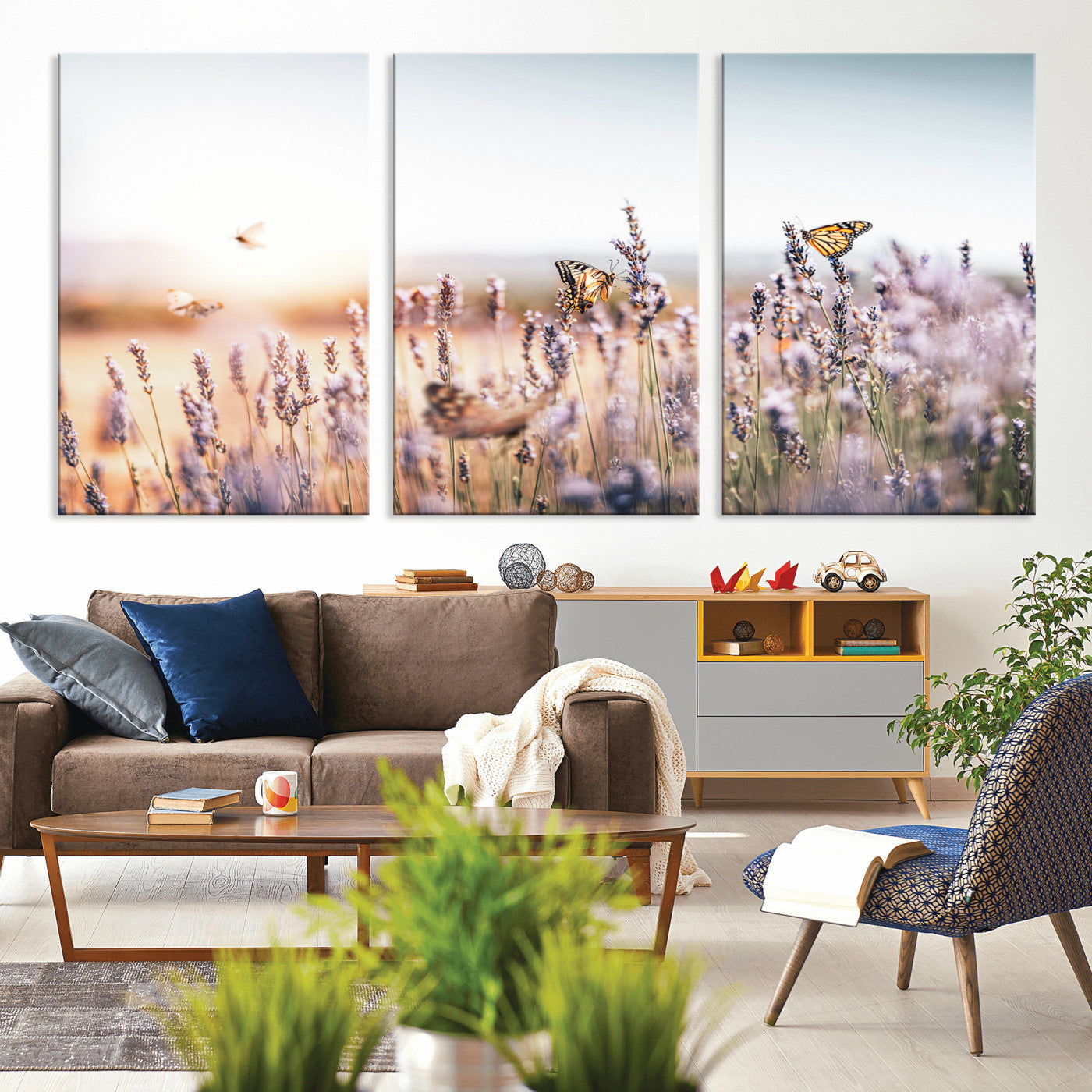 46417478-MGV-CV-36X24 - Lavender Field Wall Art Canvas Print, Butterfly Floral Landscape Art, Soft Nature Wall Decor for Bedroom