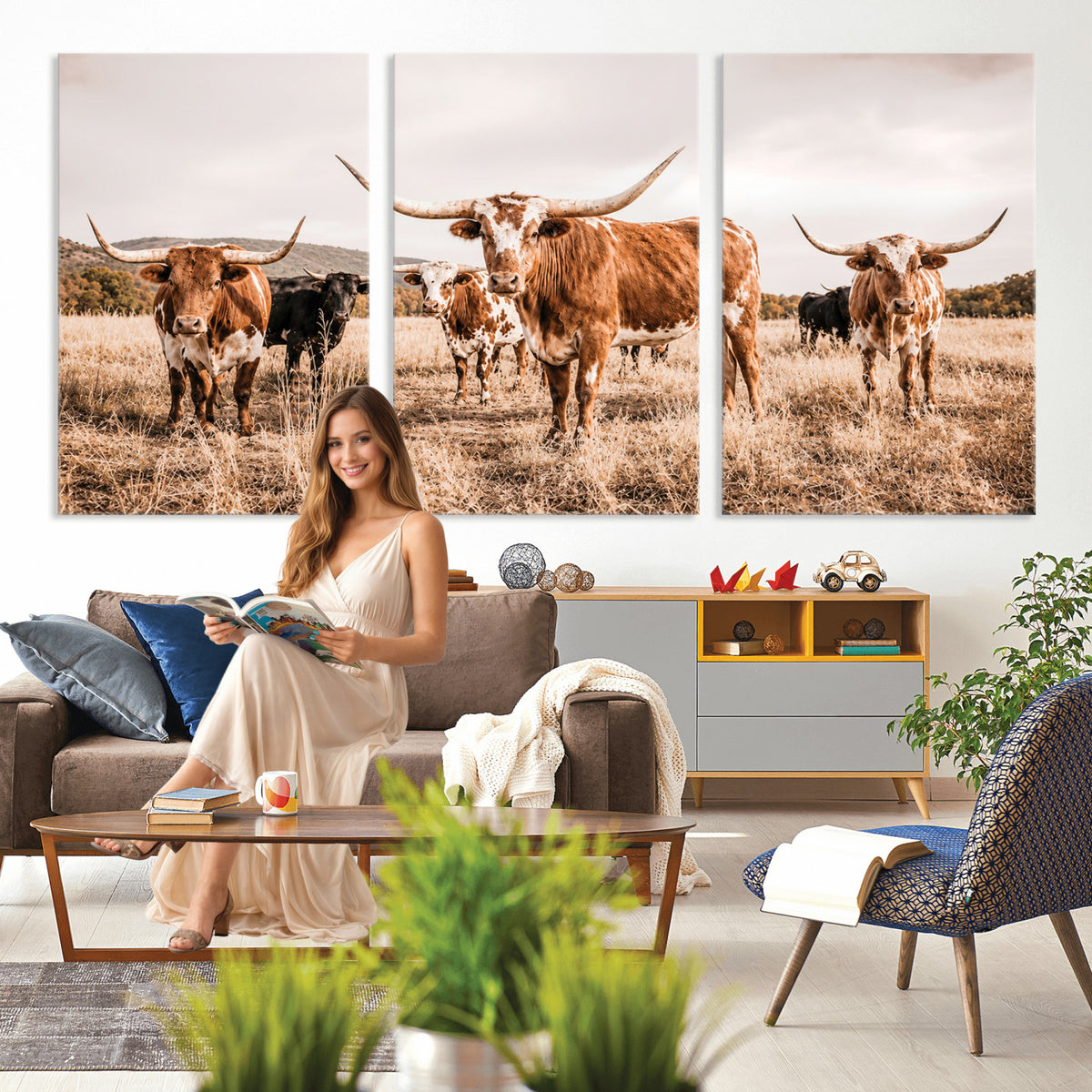 27539727-MGV-CV-36X24 - Texas Longhorn Cattle Wall Art Canvas Print, Sepia Western Decor