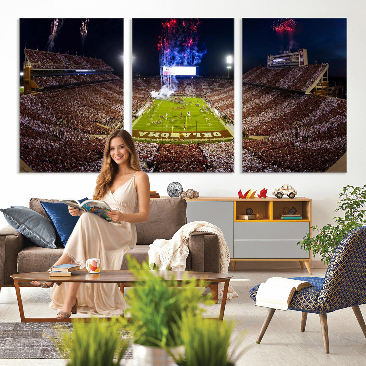 43197777-MGV-CV-36X24 - Oklahoma Memorial Stadium Wall Art Canvas Print – Oklahoma Sooners Football Artwork for Home, Office, and Sports Room Decor