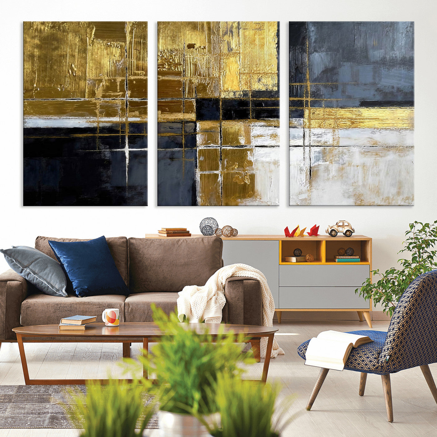 76917030-MGV-CV-36X24 - Gold Navy Abstract Wall Art Canvas Print, Modern Luxury Geometric Painting Wall Decor for Living Room and Office