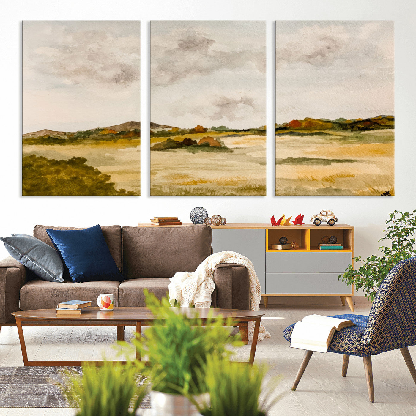 94151004-MGV-CV-36X24 - Watercolor Abstract Countryside Wall Art Canvas Print, Neutral Pastoral Landscape Painting Wall Decor for Modern Farmhouse Interiors