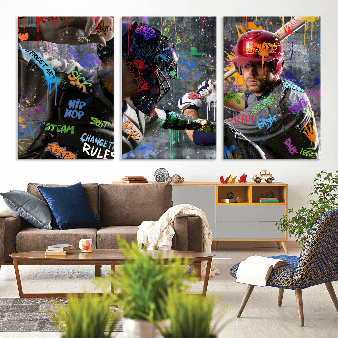 19634994-MGV-CV-36X24 - Graffiti Baseball Player Street Art Wall Art Canvas Print, Urban Sports Pop Art Baseball Canvas Print, Modern Athletic Graffiti Contemporary Art Printing