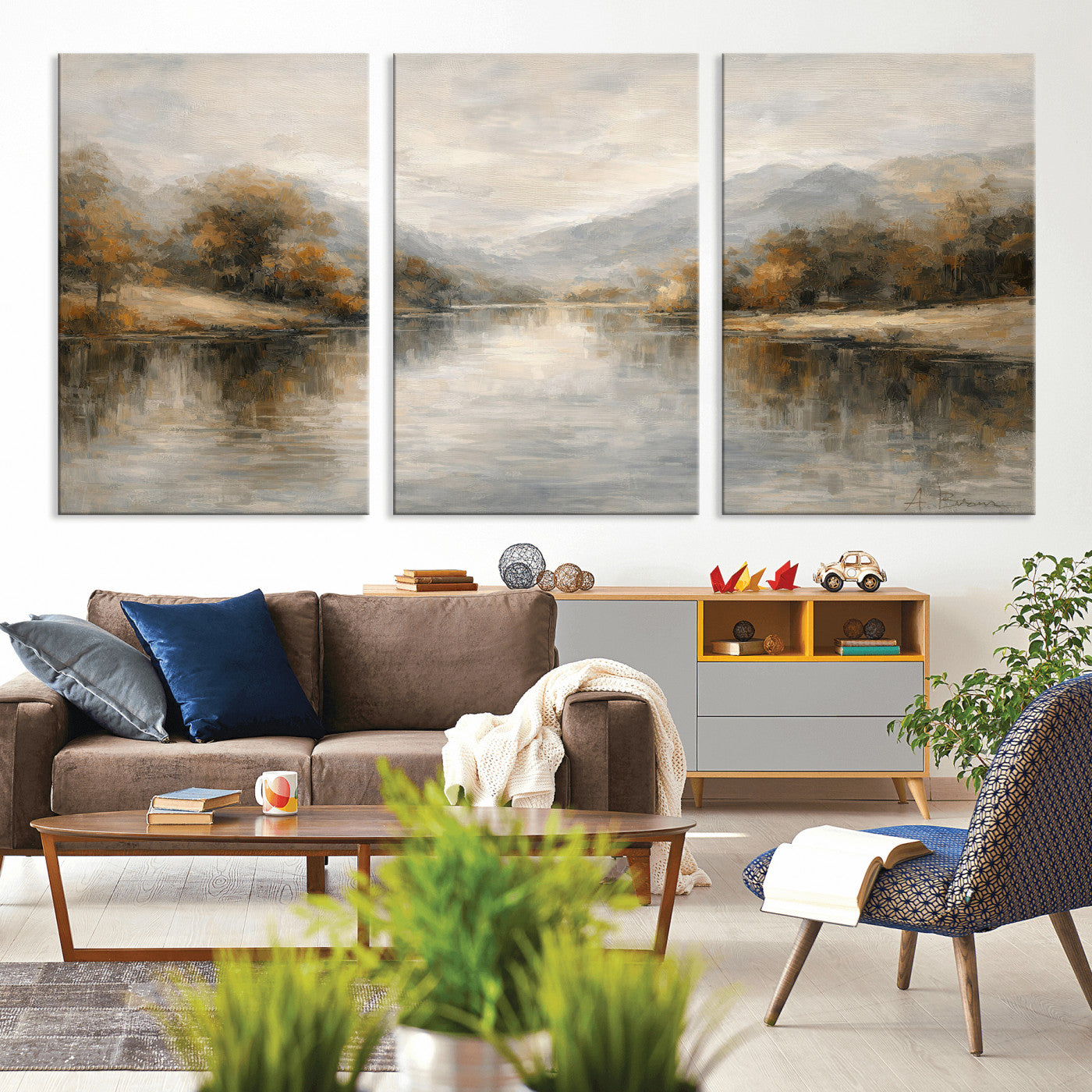 29251761-MGV-CV-36X24 - Neutral Abstract River Landscape Wall Art Canvas Print, Modern Minimal Nature Reflection Canvas Print, Beige Gray Contemporary Mountain Art Printing