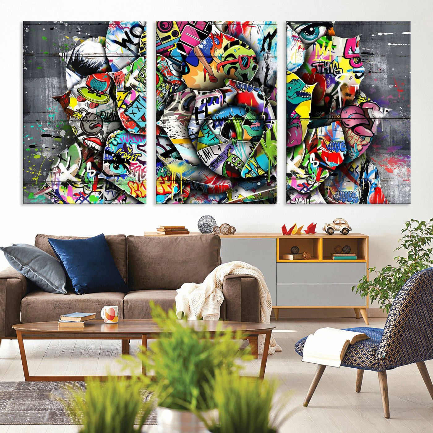 77553344-MGV-CV-36X24 - Abstract Graffiti Collage Street Art Wall Art Canvas Print, Colorful Urban Pop Art Canvas Print, Modern Graffiti Patchwork Contemporary Art Printing