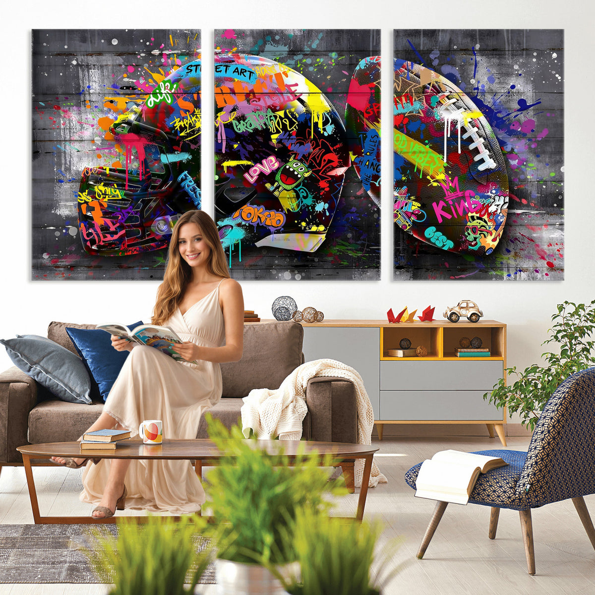 80540773-MGV-CV-36X24 - Graffiti American Football Helmet Street Art Wall Art Canvas Print