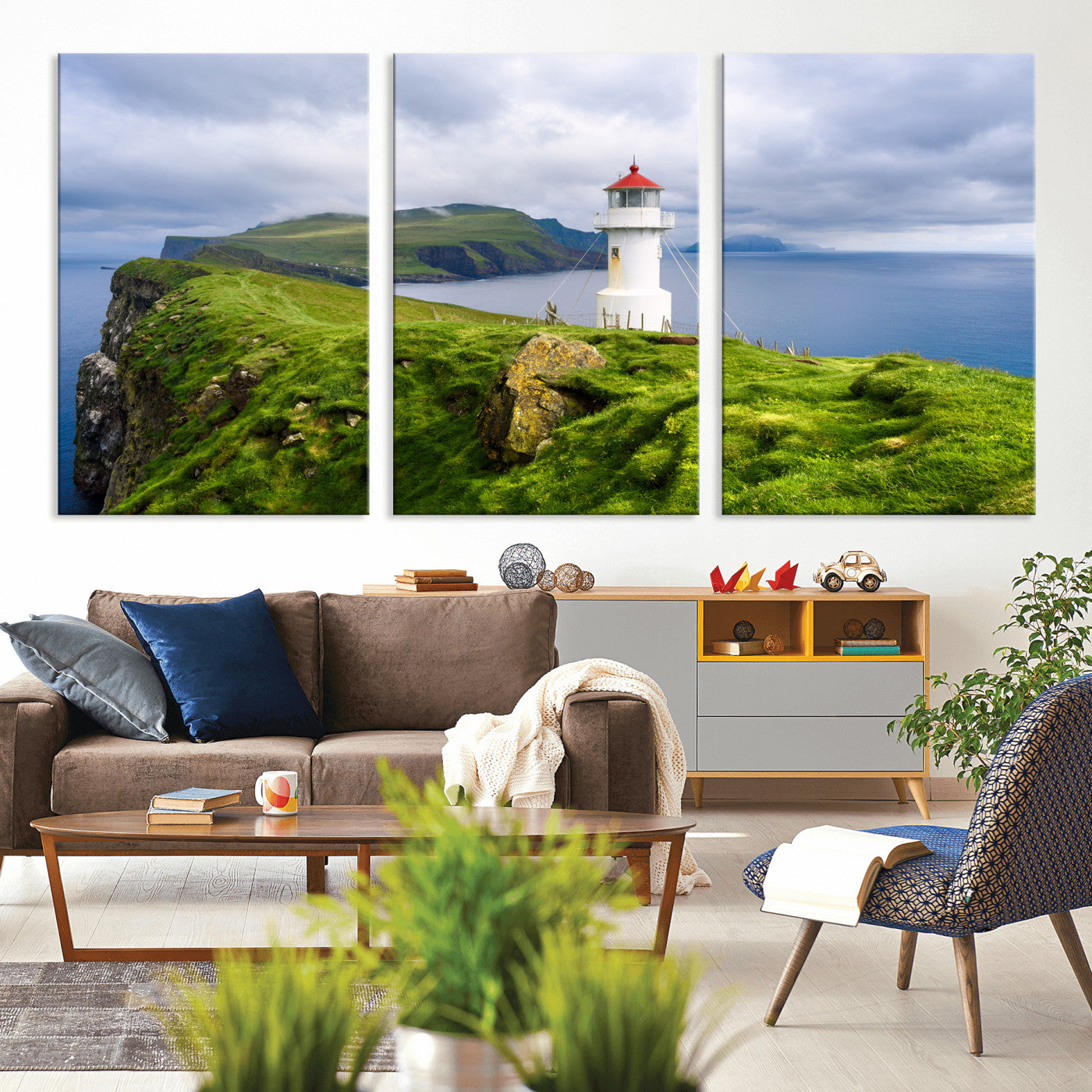 10680390-MGV-CV-36X24 - Coastal Lighthouse Wall Art Canvas Print, Cliffside Ocean Landscape Canvas Print, Scandinavian Coastal Decor for Living Room