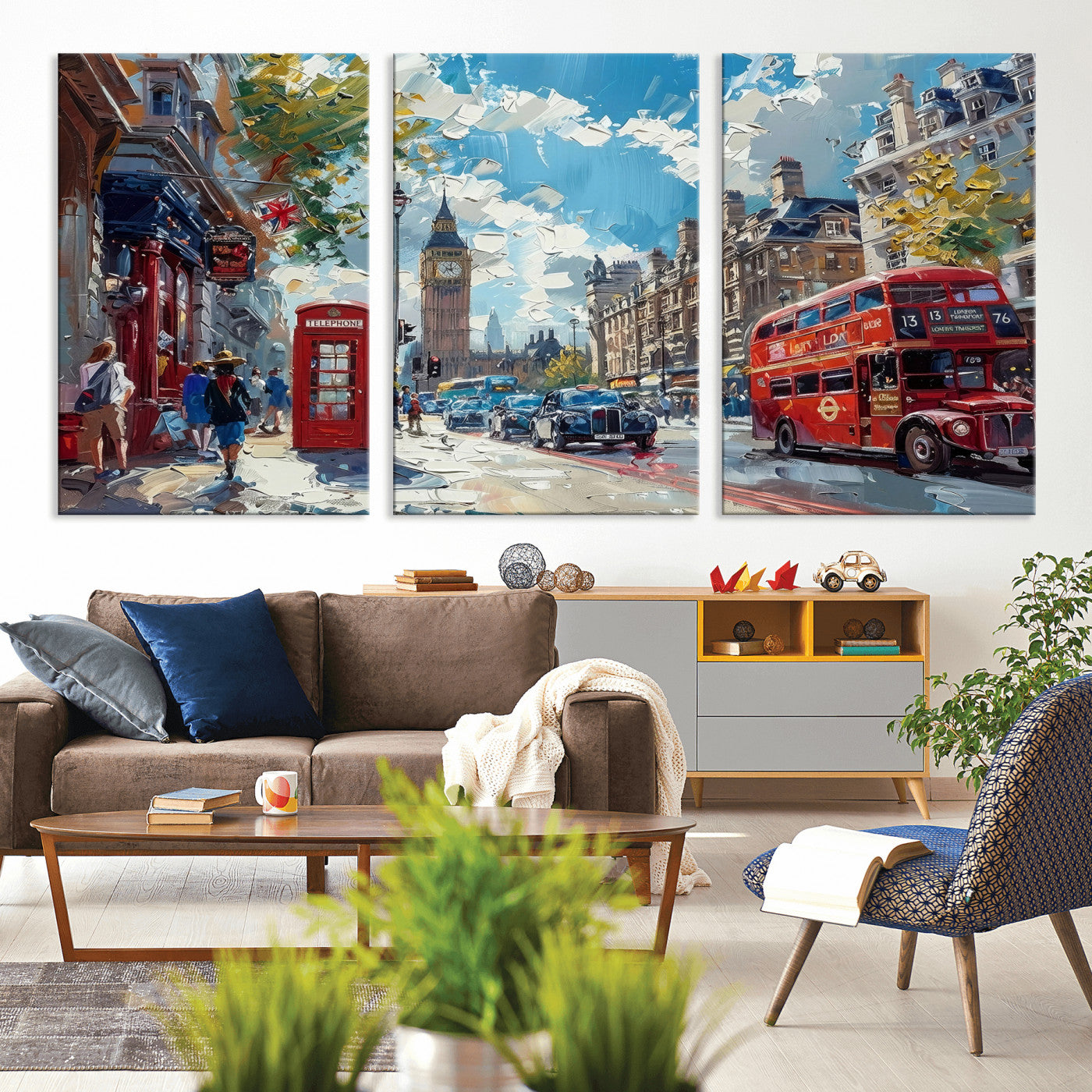 17630888-MGV-CV-36X24 - Modern London City Street Wall Art Canvas Print, Big Ben & Red Bus Artwork Canvas Print