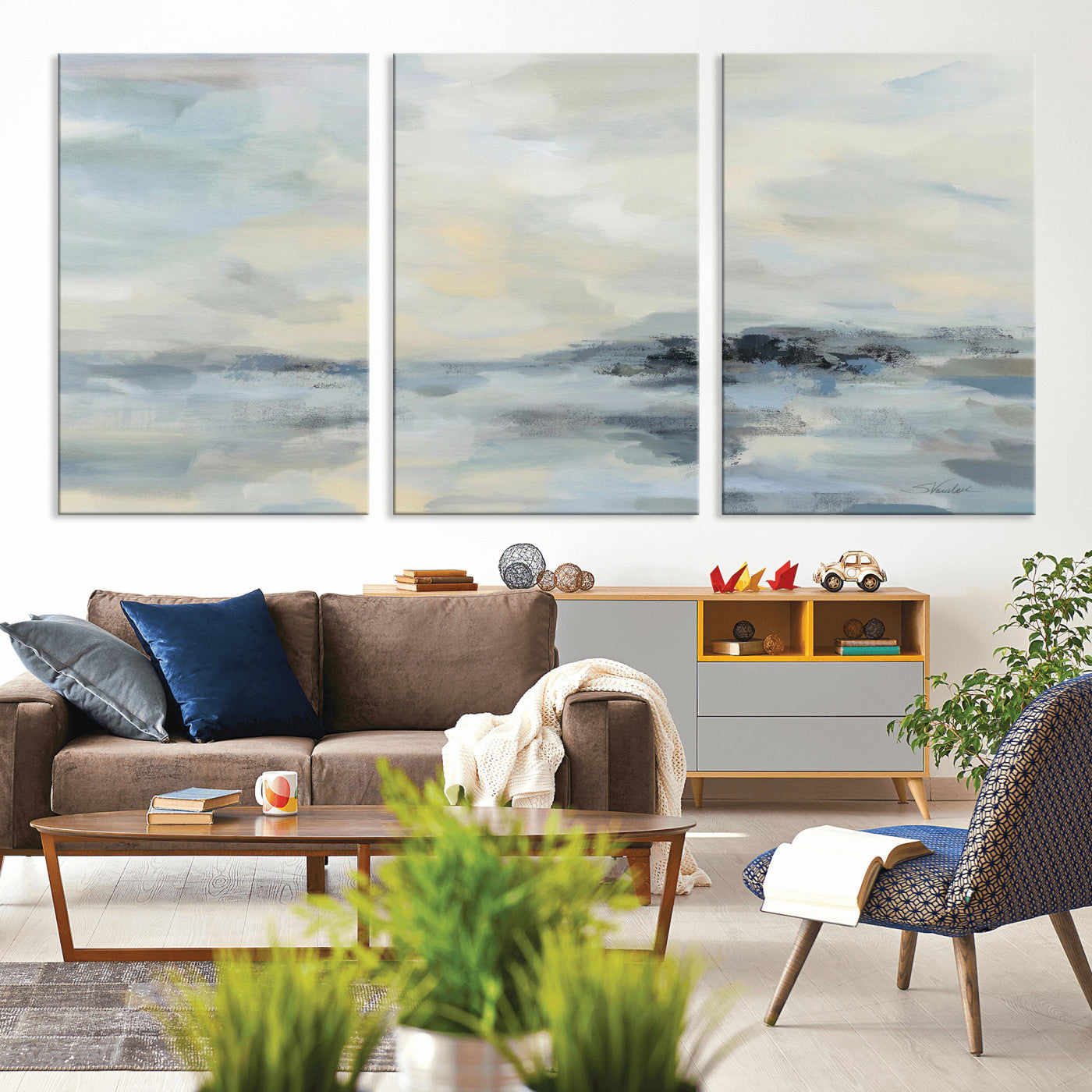 24647355-MGV-CV-36X24 - Abstract Coastal Landscape Wall Art Canvas Print – Soft Blue Gray Minimalist Painting