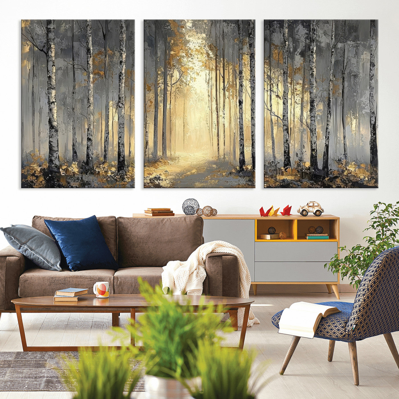 41017042-MGV-CV-36X24 - Abstract Birch Forest Wall Art Canvas Print – Modern Neutral Woodland Landscape Artwork for Living Room Decor