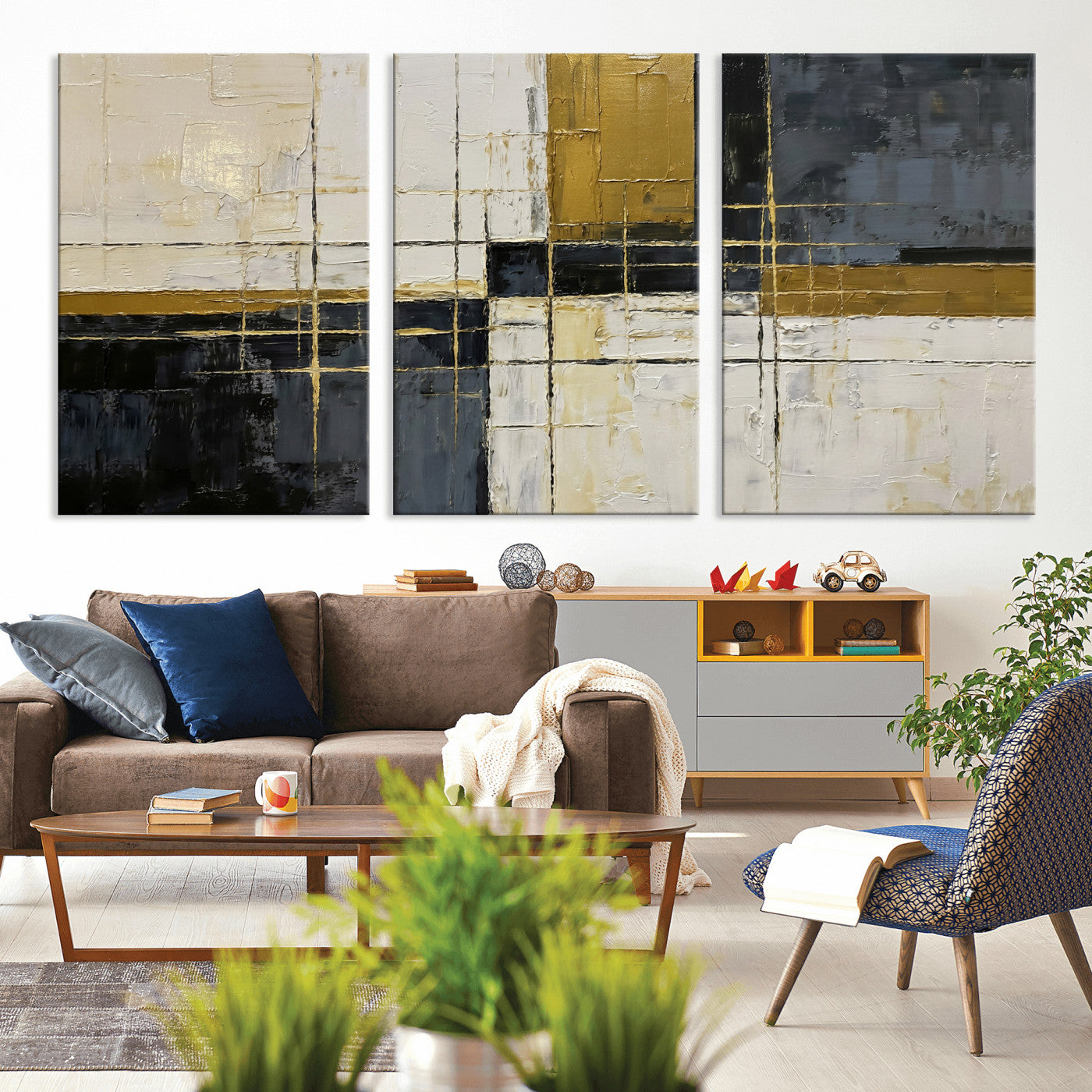36097945-MGV-CV-36X24 - Abstract Gold and Black Wall Art Canvas Print – Modern Geometric Neutral Artwork for Living Room Decor