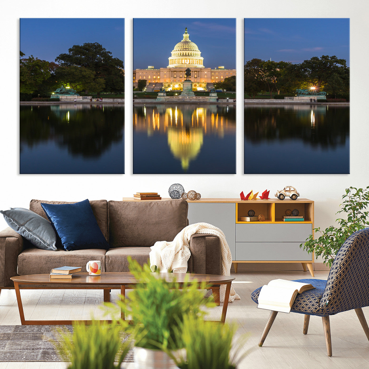95568590-MGV-CV-36X24 - US Capitol Building Wall Art Canvas Print – Washington DC Landmark Night Reflection Artwork for Office Decor