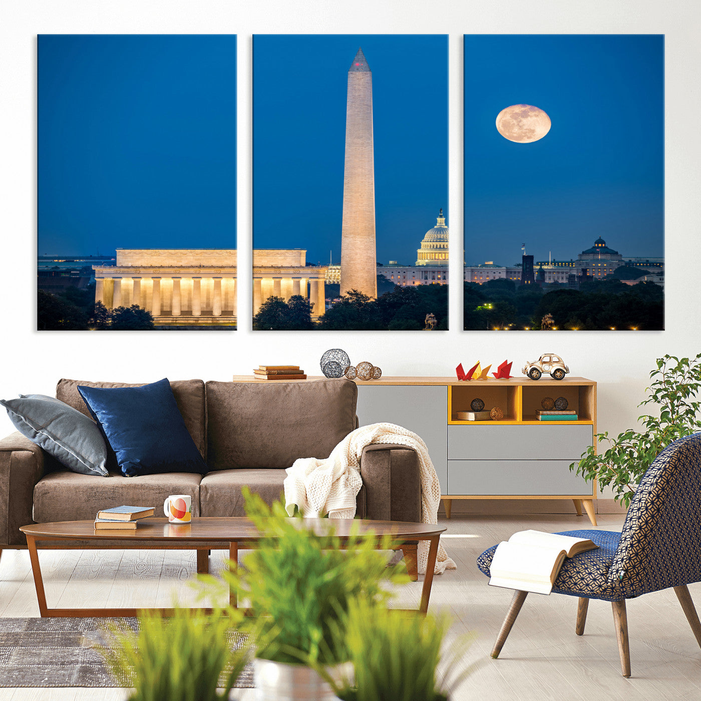 96712946-MGV-CV-36X24 - Washington DC Skyline Wall Art Canvas Print – Lincoln Memorial, Washington Monument and US Capitol Night Cityscape Artwork