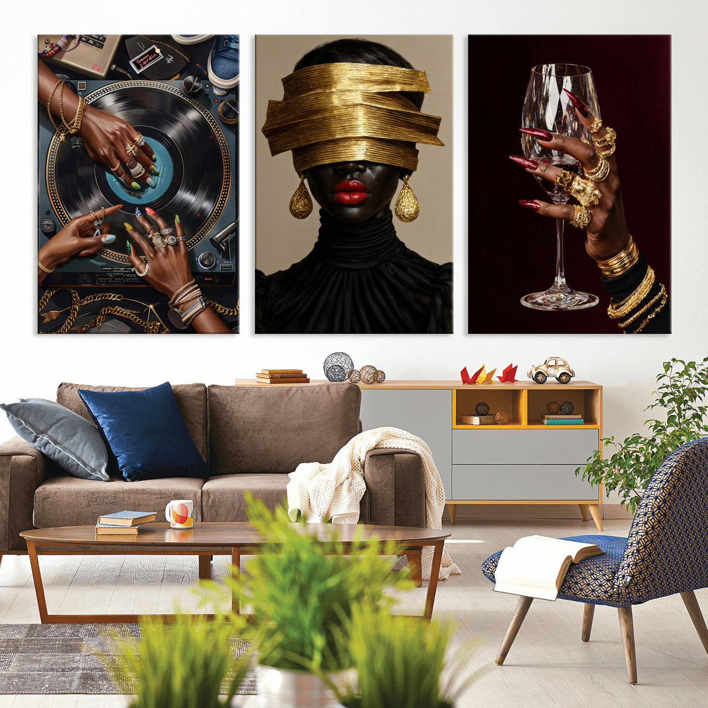 8151788S6-MGV-CV-60X30-3P - Luxury Fashion Wall Art Canvas Print Set of 3, Gold Jewelry Portrait Triptych, Glam Black Woman Modern Artwork