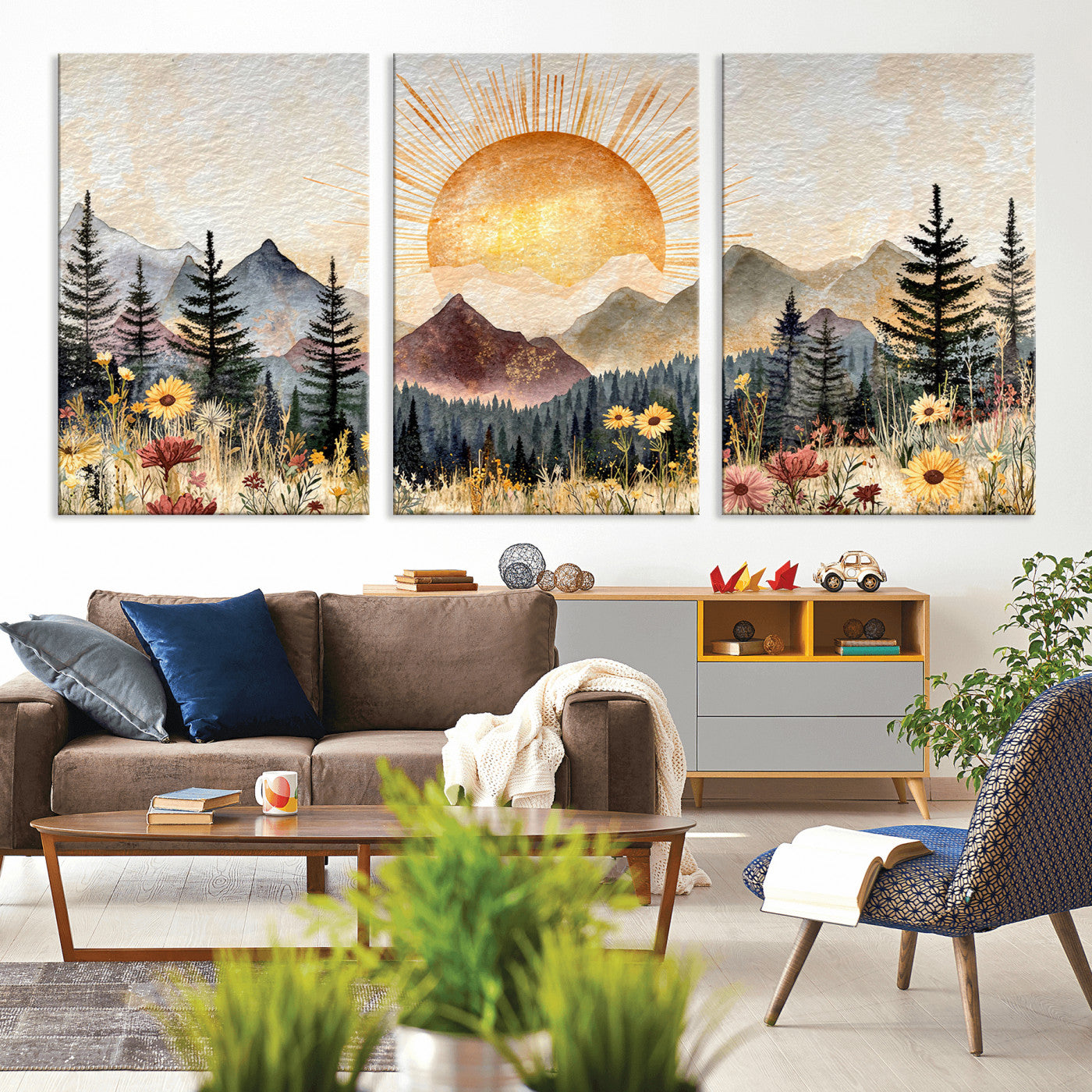 69025244-MGV-CV-36X24 - Boho Mountain Landscape Large Wall Art, Horizontal Gold Framed Canvas Print with Sun and Flowers