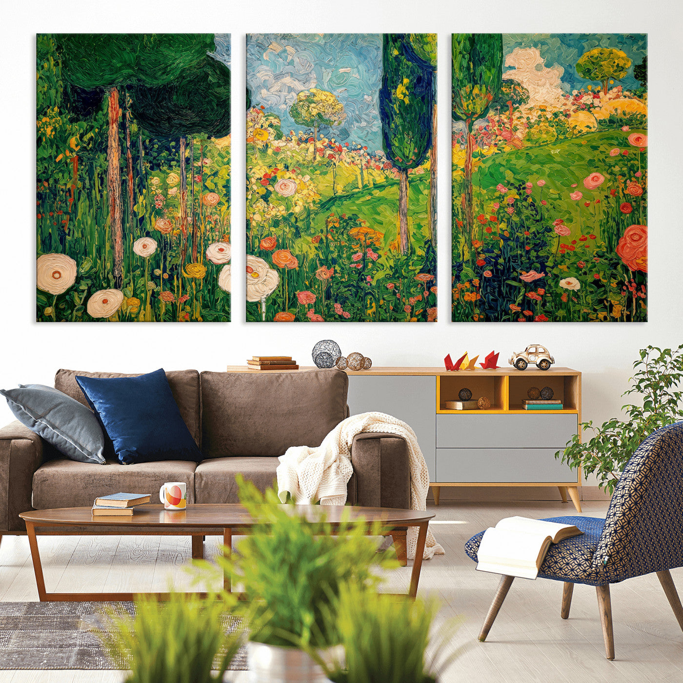 83517974-MGV-CV-36X24 - Gustav Klimt Boho Mountain Landscape Large Wall Art, Horizontal Gold Framed Canvas Print with Sun and Flowers