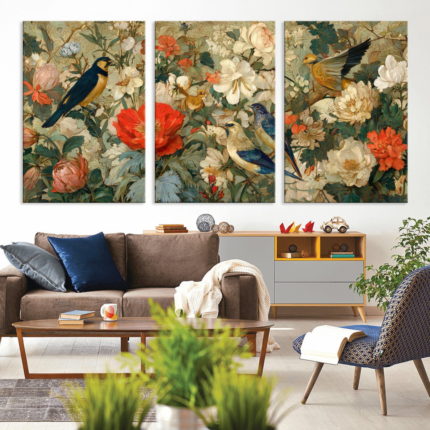 52904757-MGV-CV-36X24 - Vintage Birds and Flowers Wall Art Canvas Print, Botanical Bird Painting Canvas Print, Floral Garden Bird Artwork Canvas Print, Classic Bird Flower Painting Canvas Print