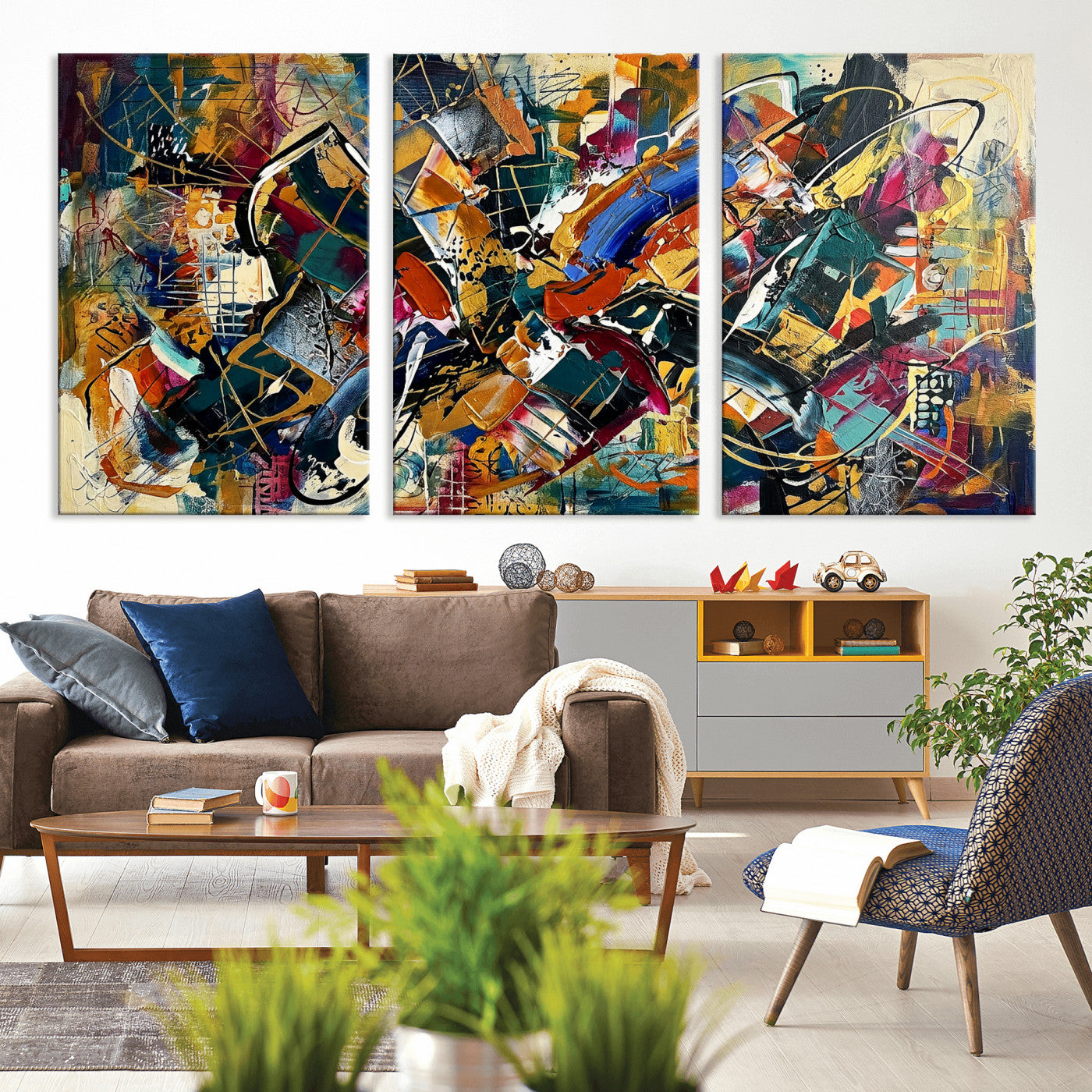 15525527-MGV-CV-36X24 - Geometric Abstract Wall Art Canvas Print, Orange Blue Abstract Expressionist Painting Print, Modern Geometric Abstract Canvas Art