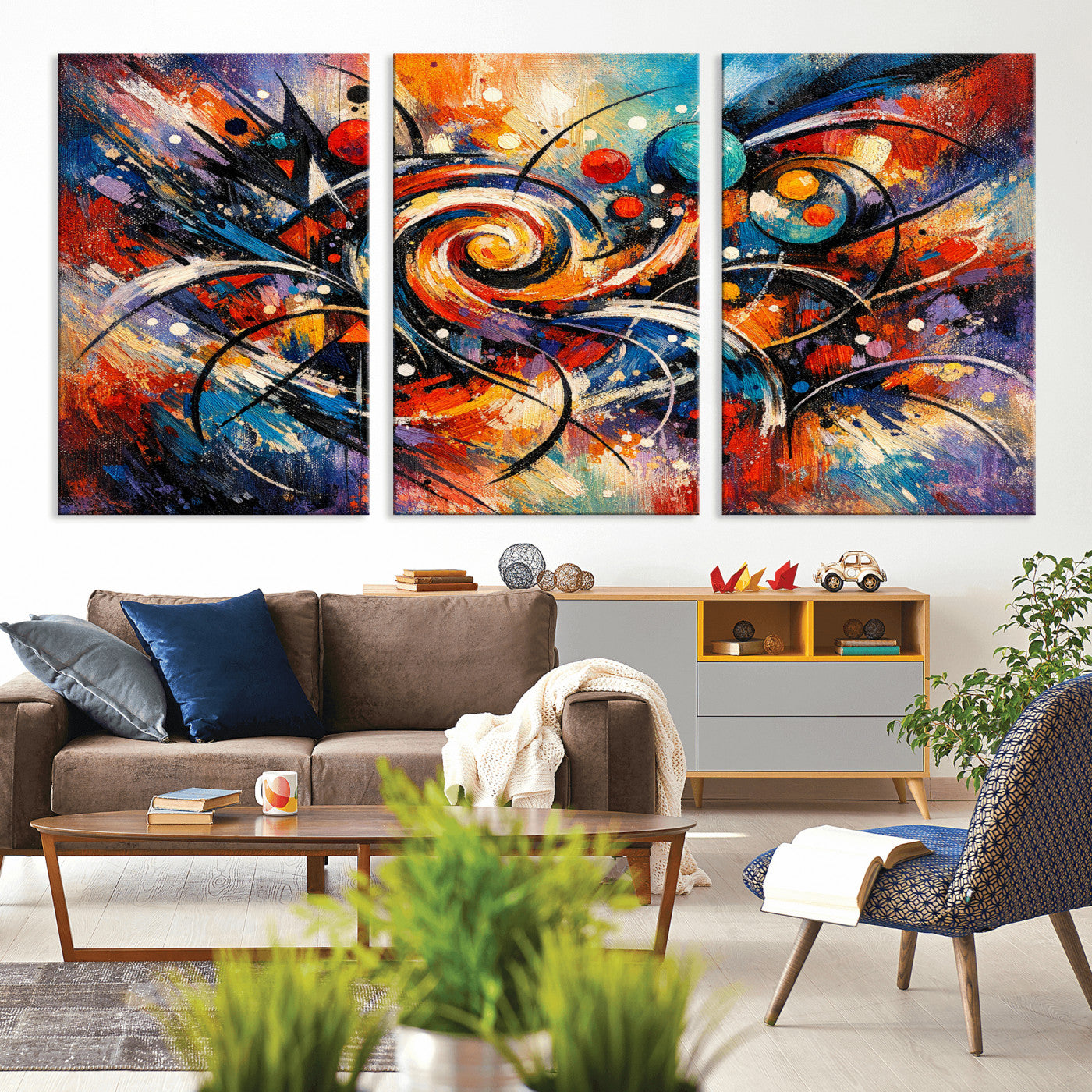 60193267-MGV-CV-36X24 - Geometric Abstract Wall Art Canvas Print, Orange Blue Abstract Expressionist Painting Print, Modern Geometric Abstract Canvas Art
