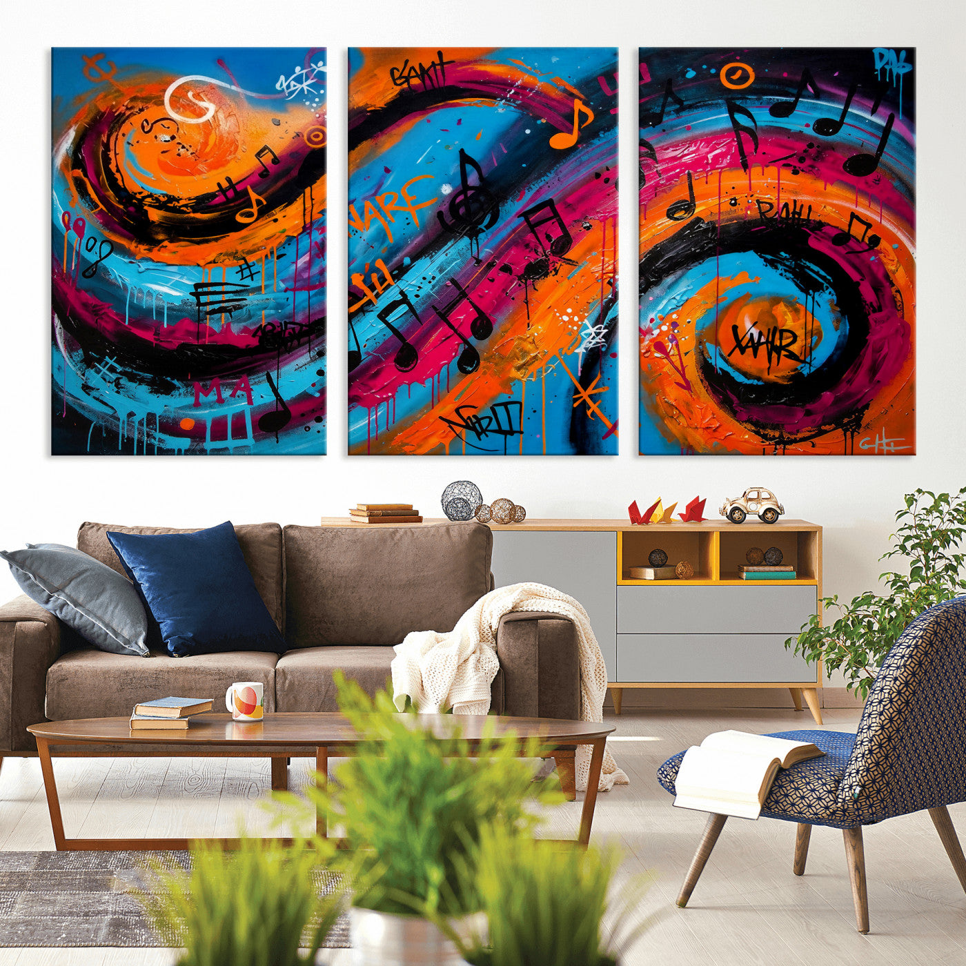 34936518-MGV-CV-36X24 - Geometric Abstract Wall Art Canvas Print, Orange Blue Abstract Expressionist Painting Print, Modern Geometric Abstract Canvas Art