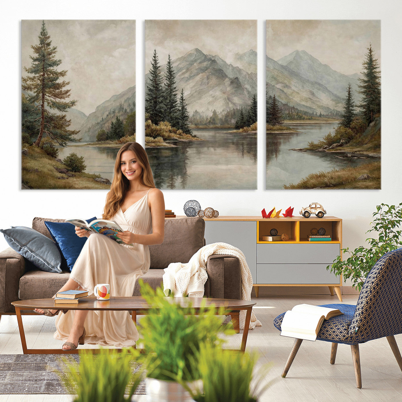 4712069V1-MGV-CV-60X30-3P - Vintage Mountain Landscape Wall Art Canvas Print Set, Rustic Nature Triptych Canvas, Neutral Lake Forest Mountain Wall Decor