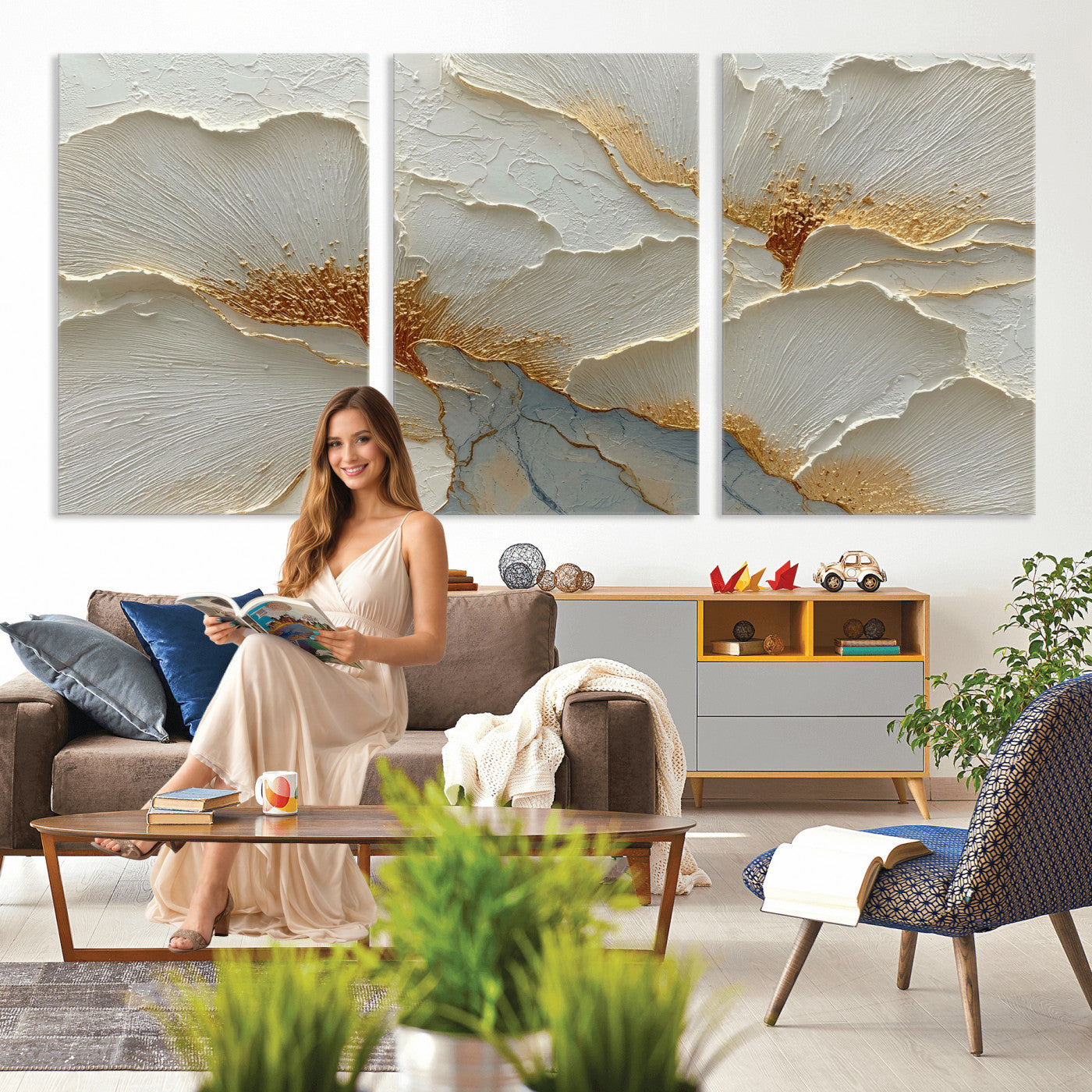 4712069F1-MGV-CV-36X24 - White Gold Floral Canvas Wall Art — Textured Flower Print | Luxury Botanical Decor | Elegant Bedroom Art | Gold Leaf Wall Art Gift