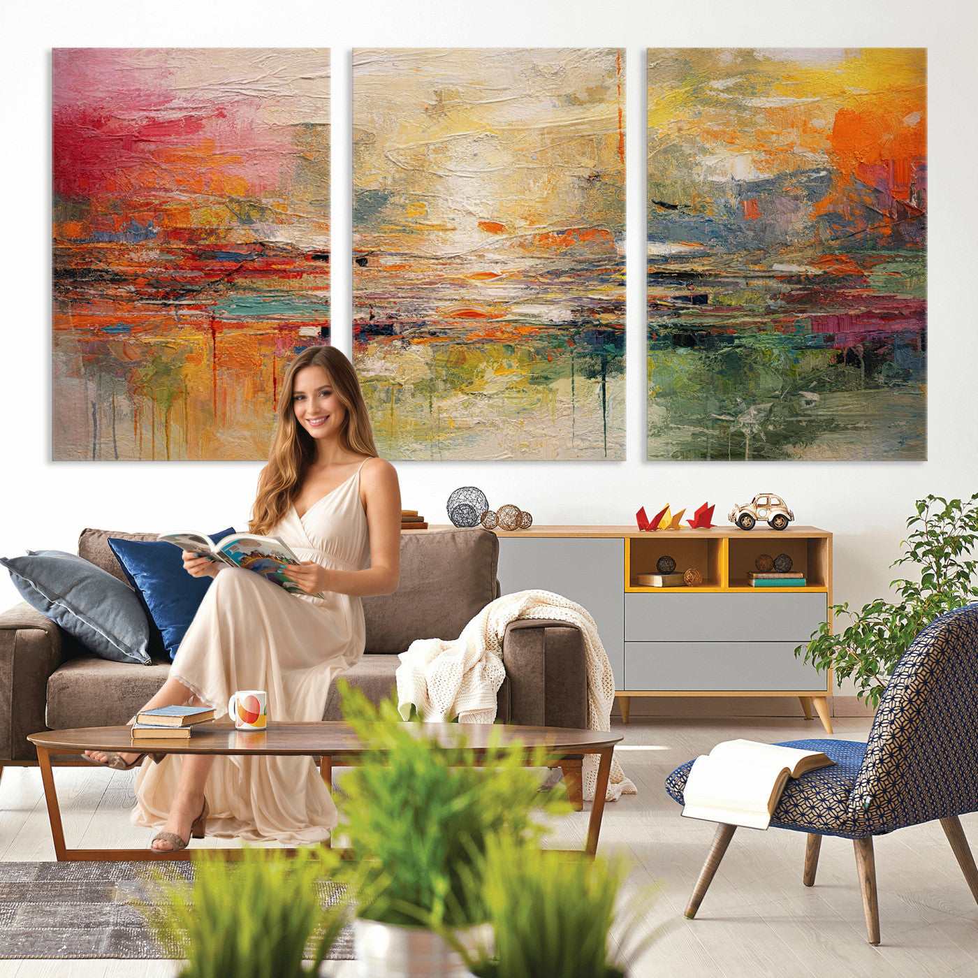 4712069P1-MGV-CV-36X24 - Colorful Abstract Canvas Wall Art — Large Textured Oil Painting Style Print | Orange Red Boho Wall Decor | Modern Living Room Art | Bold Wall Art