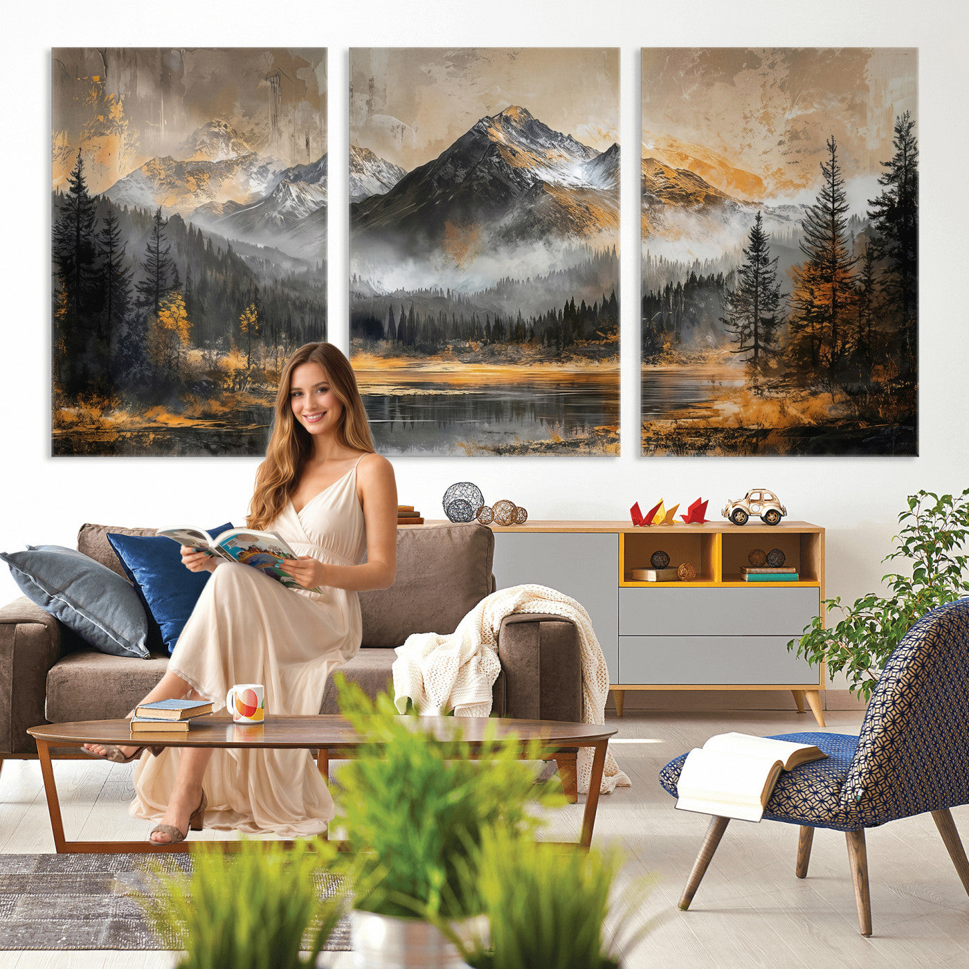 4712069D1-MGV-CV-36X24 - Mountain Lake Canvas Wall Art — Rustic Forest Landscape Print | Gold Grey Nature Decor | Cabin Wall Art | Large Wilderness Art Print Gift