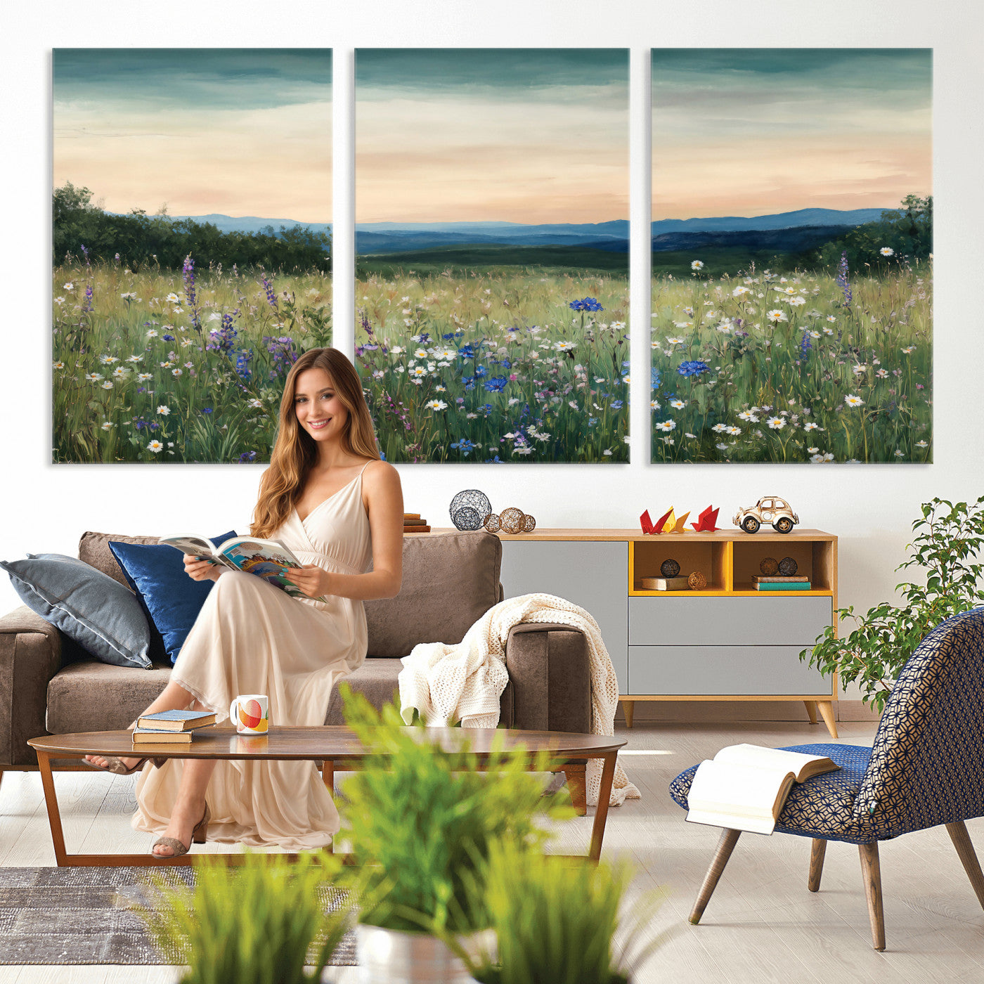 35773805-MGV-CV-36X24 - Wildflower Meadow Oil Painting Canvas Print - Daisy Lavender Mountain Sunset Print | Cottagecore Floral Wall Art - Bedroom Decor Gift for Her