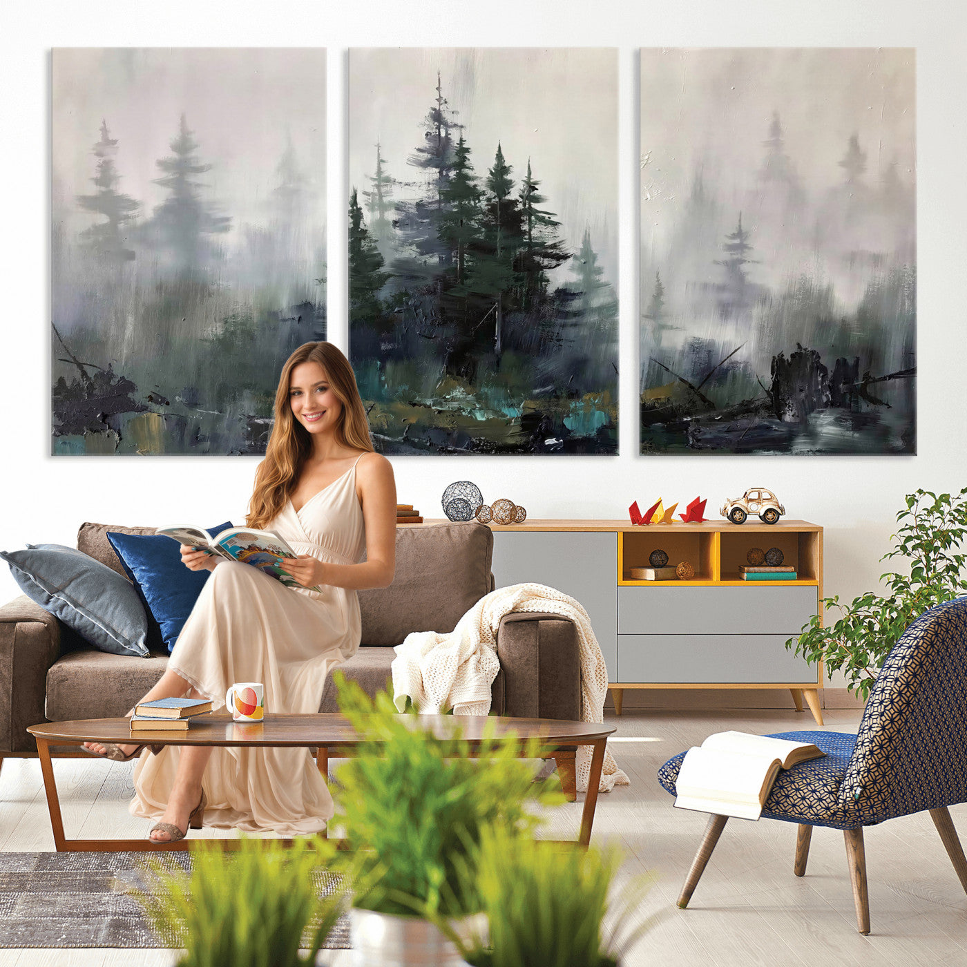 94143325-MGV-CV-36X24 - Misty Pine Forest Oil Painting Canvas — Dark Moody Teal Grey Tree Print | Japandi Scandinavian Wall Art | Minimalist Nature Decor Gift