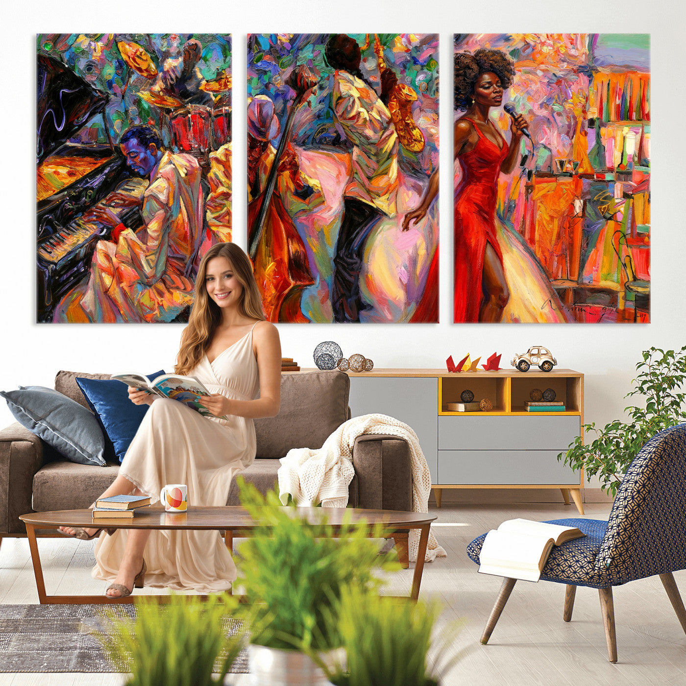 72615137-MGV-CV-36X24 - African American Jazz Singer Canvas Art - Red Dress Black Woman Music Print | Colorful Jazz Band Wall Decor | Living Room Gift for Her