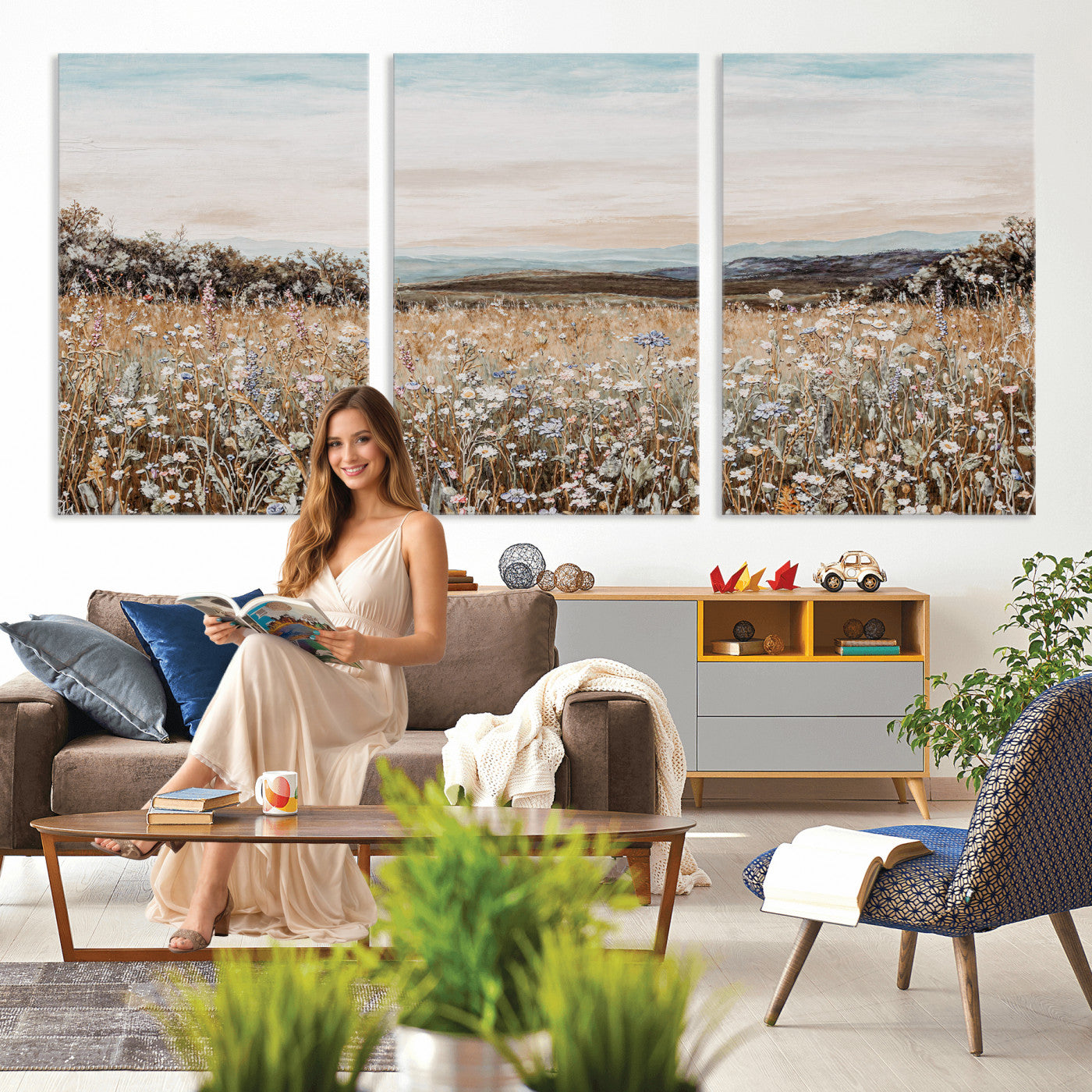 F35773805-MGV-CV-36X24 - Neutral Wildflower Field Canvas Wall Art — Beige Earth Tone Botanical Meadow Print | Farmhouse Boho Decor | Bedroom Living Room Gift Her