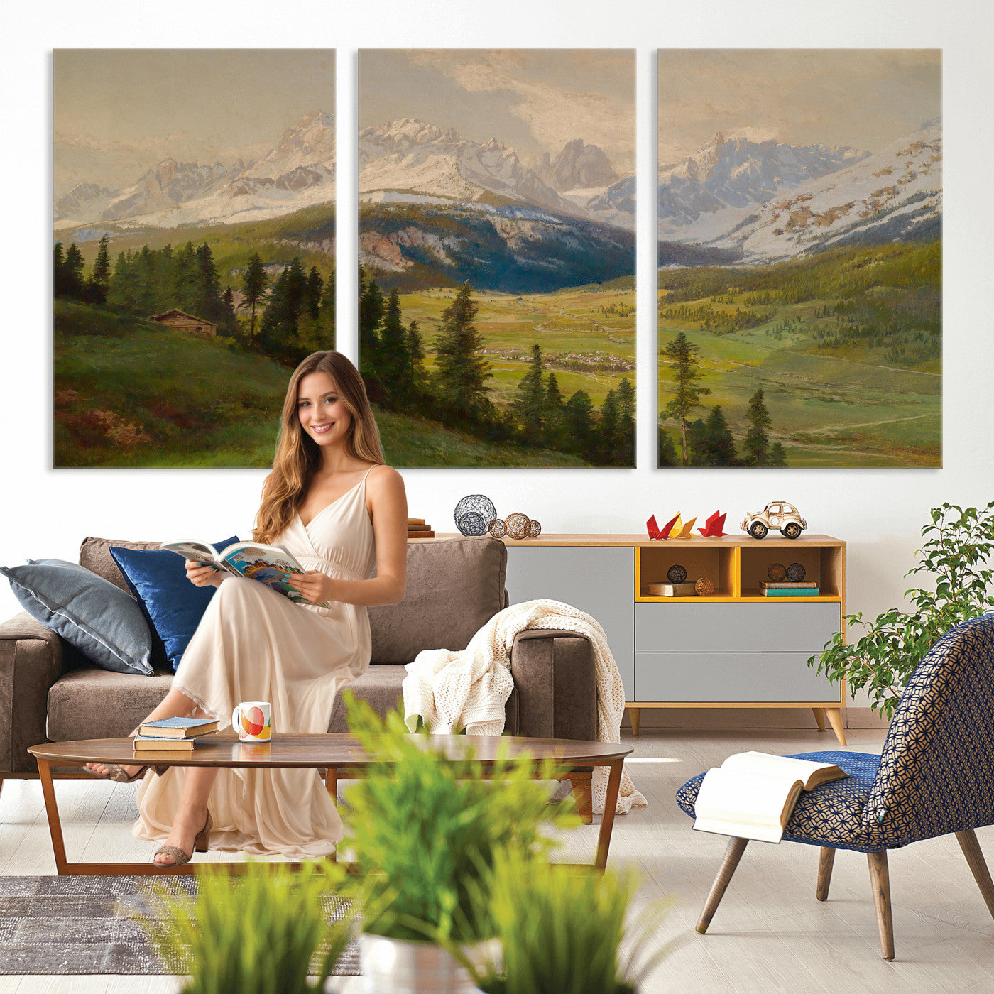 23120262-MGV-CV-36X24 - Konrad Petrides Sexten Village Canvas Print, Alpine Mountain Valley Painting, Dolomites Landscape Art