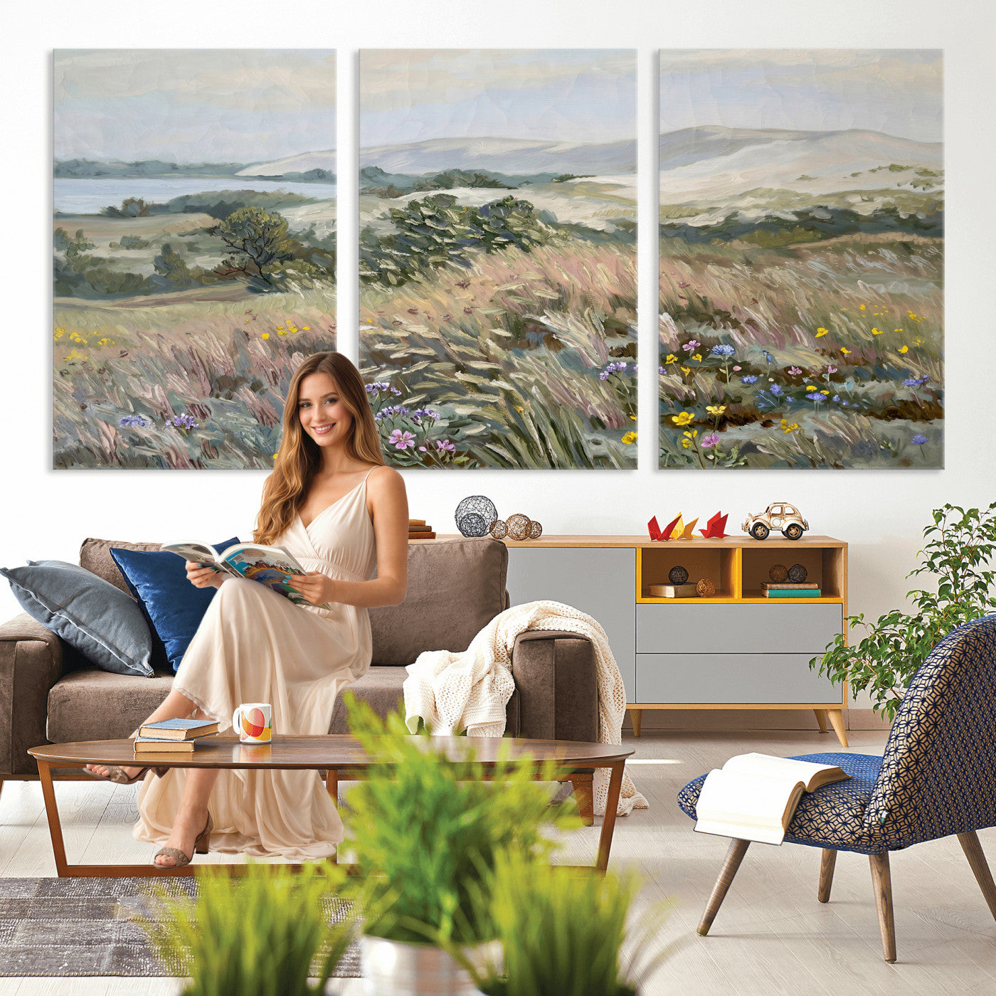 18013232-MGV-CV-36X24 - Katie Staples Hillside Canvas Wall Art — Coastal Wildflower Dune Oil Painting Print | Muted Green Nature Decor | Plein Air Landscape Gift