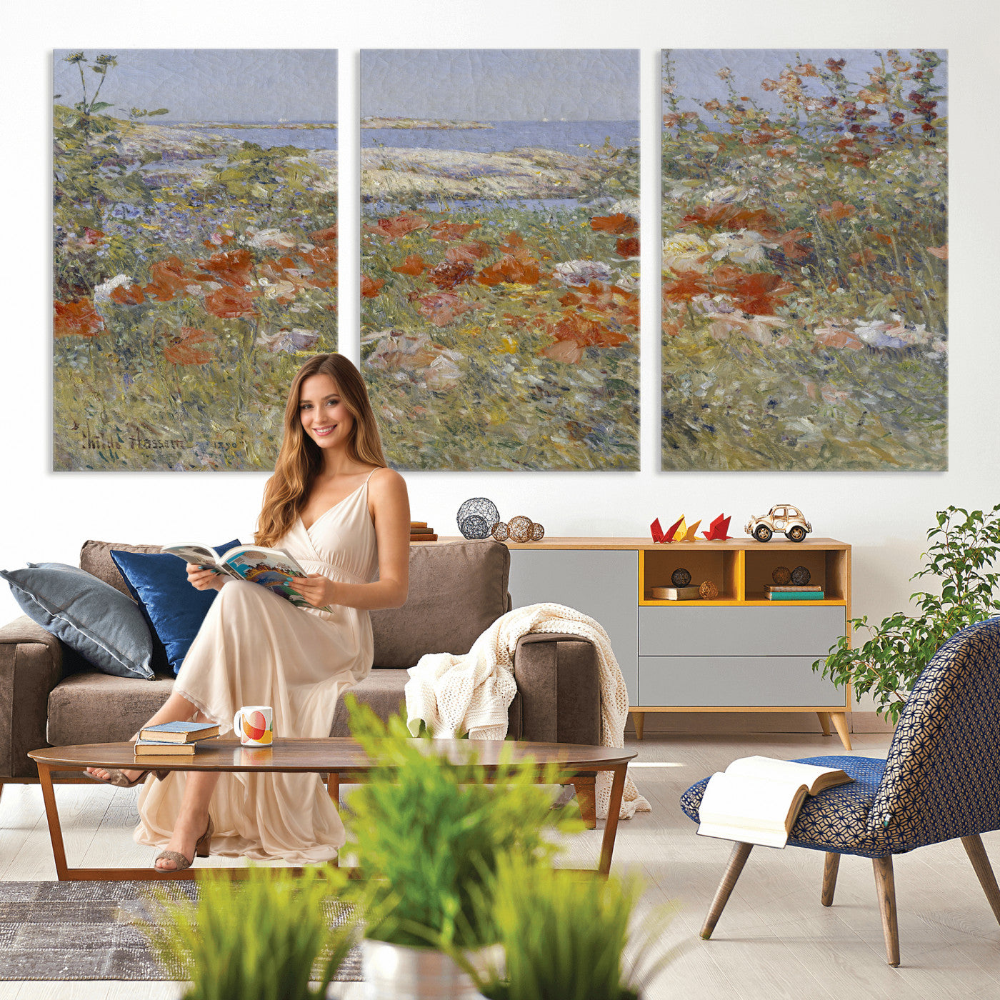 54770907-MGV-CV-36X24 - Childe Hassam Celia Thaxter Garden Canvas — 1890 American Impressionist Poppy Floral Print | Isles of Shoals Coastal Art | Classic Gift