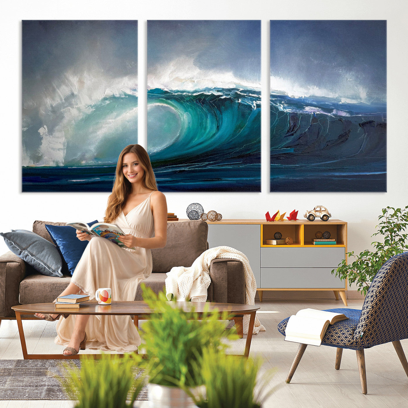 35491180-MGV-CV-60X30-3P - Ocean Wave Canvas Wall Art, Dramatic Teal Blue Seascape Oil Painting Print, Stormy Sea Coastal Decor, Large Beach House Art, Surf Wave Statement Art