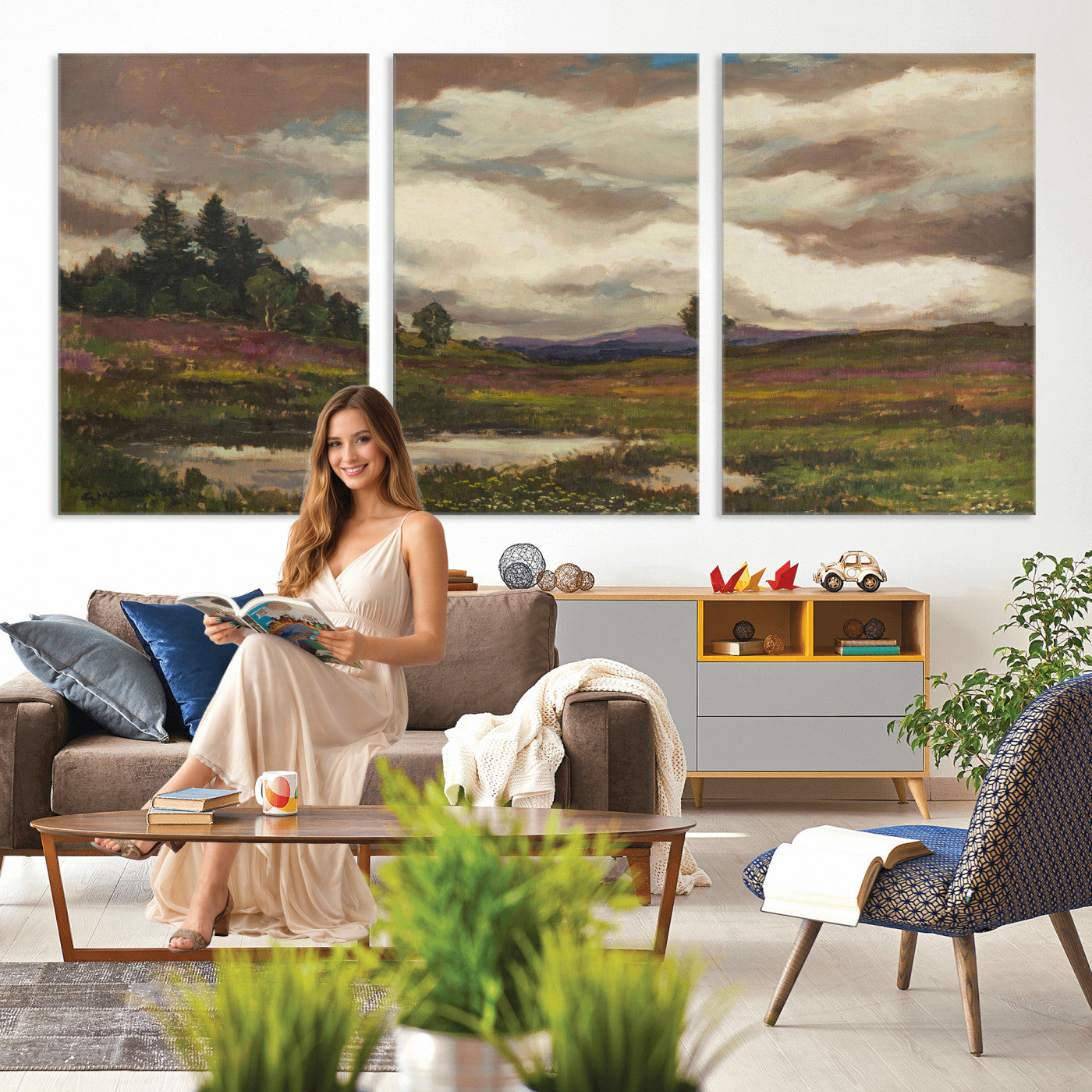 96795851-MGV-CV-36X24 - Gustav Macoun Heathland Canvas Print, Czech Landscape Oil Painting Reproduction, Purple Heather Moorland Art, Vintage European Nature Decor