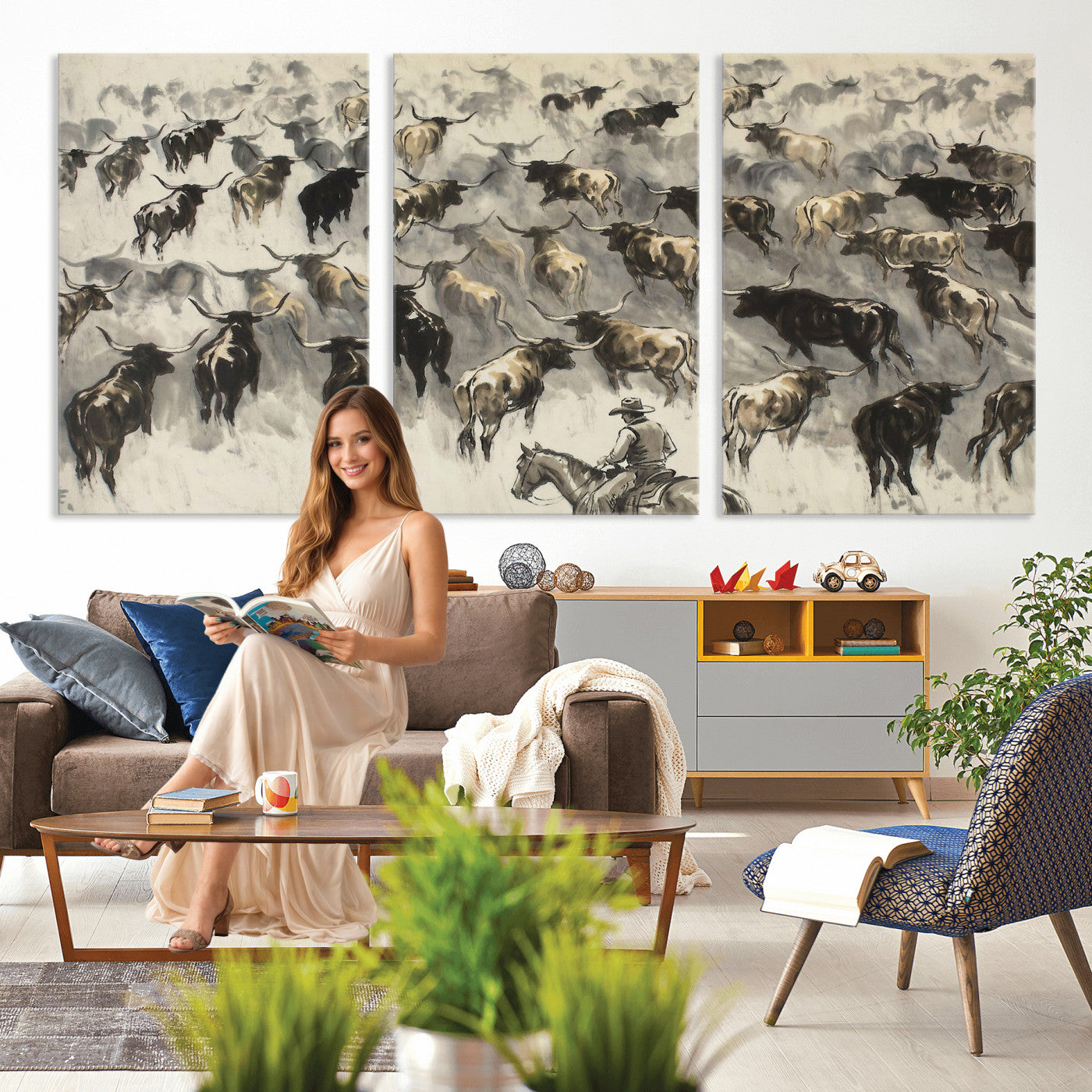 48049876-MGV-CV-36X24 - Cowboy Cattle Drive Canvas Wall Art, Western Longhorn Herd Ink Painting Print, Ranch Rodeo Decor, Black White Western Art, Large Living Room Art